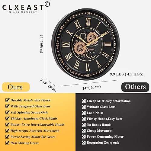 Miniatura 3 de CLXEAST Reloj de pared de 24 pulgadas con engranajes móviles, relojes de pared con números romanos de oro negro para decoración moderna de sala de