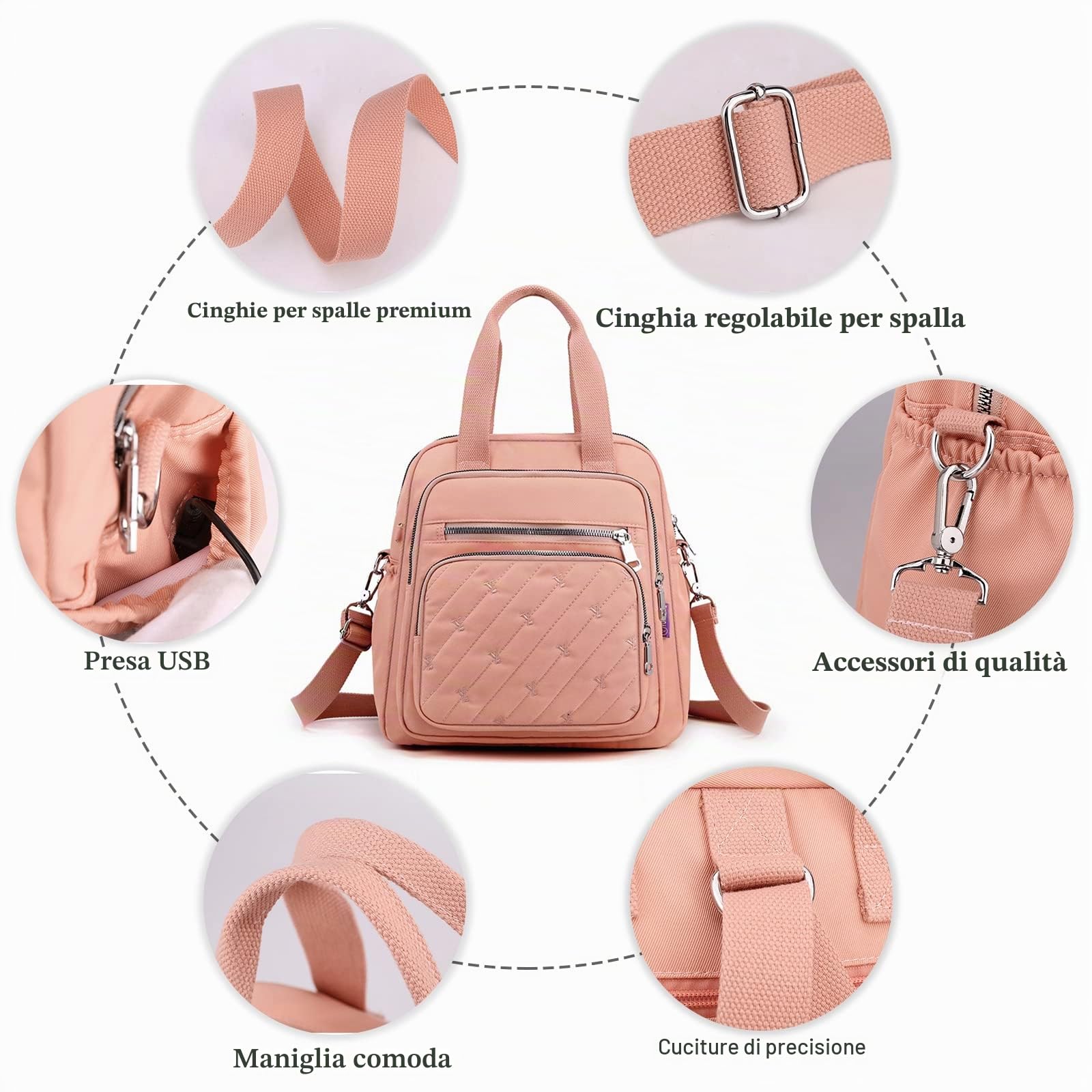 Zaino Moda Borsa a Spalla Donna Borsetta con Porta Ricarica USB Nylon Borse a Tracoll Daypack Borsa da Scuola Lavoro Viaggio Uso Quotidiano Zaini