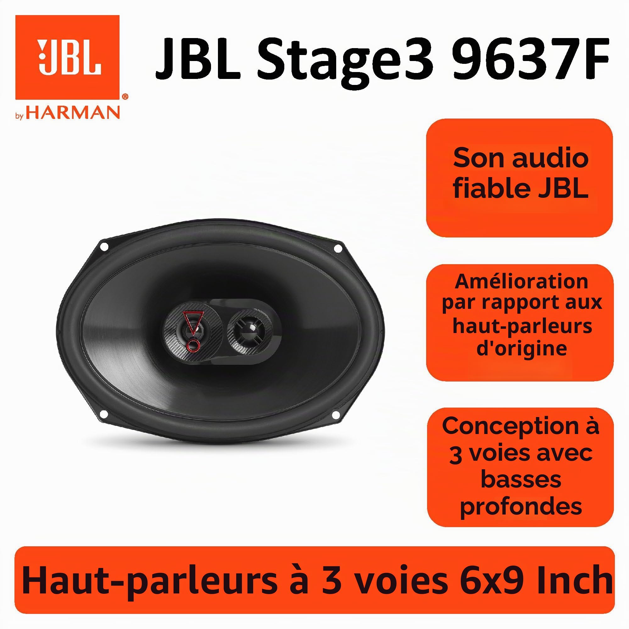 JBL Stage3 9637F - Ensemble Haut Parleur à 3 Voies de Harman Kardon sans Grille - Enceinte Voiture de 375 Watts Boîte Ovale Large 6" x 9" (152 mm x 230 mm)