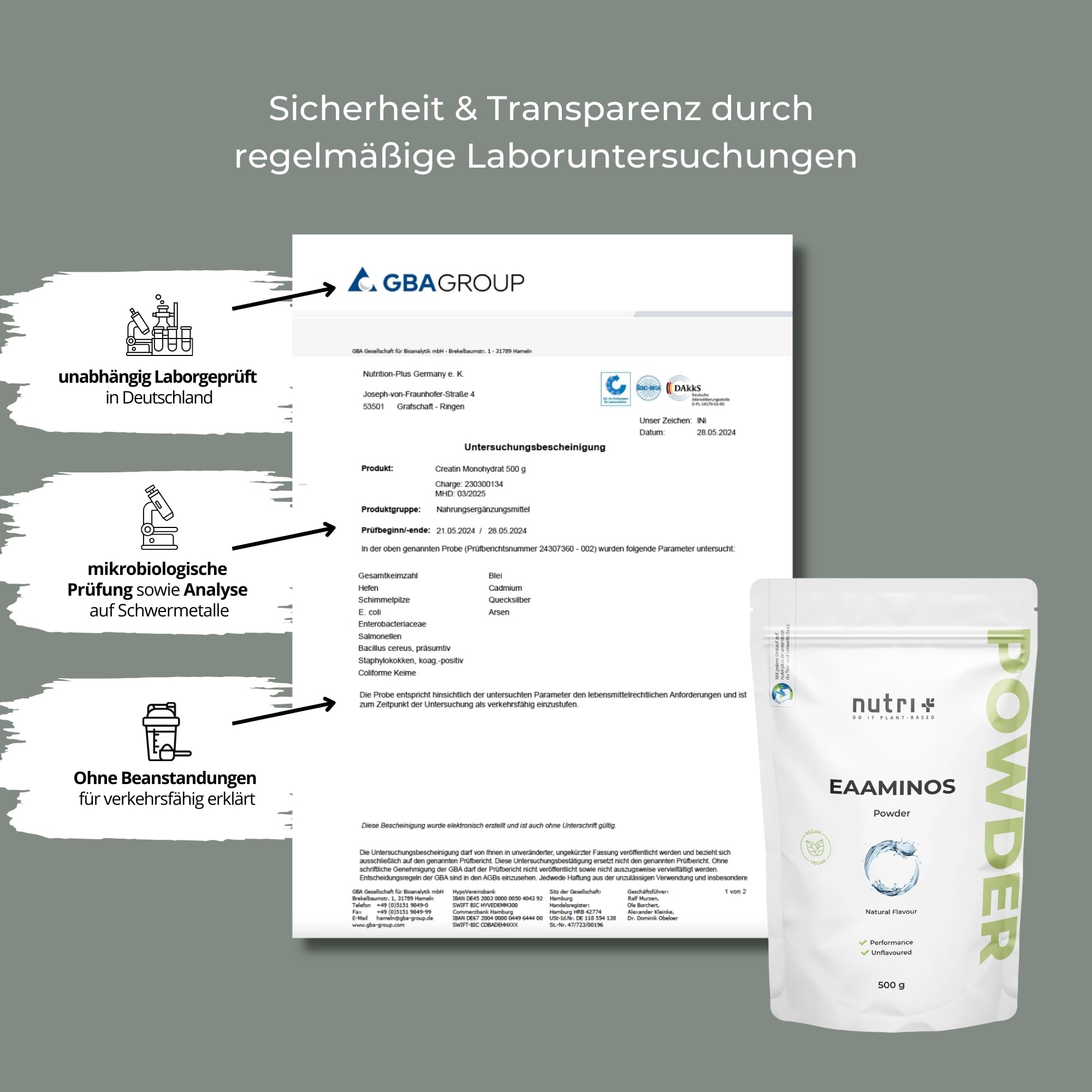 Nutri + EAA Pulver Neutral 500 g hochdosiert + vegan - 9 essentielle Aminosäuren - Instant Natural ohne Süßstoff, Zusatzstoff & künstlichen Geschmack