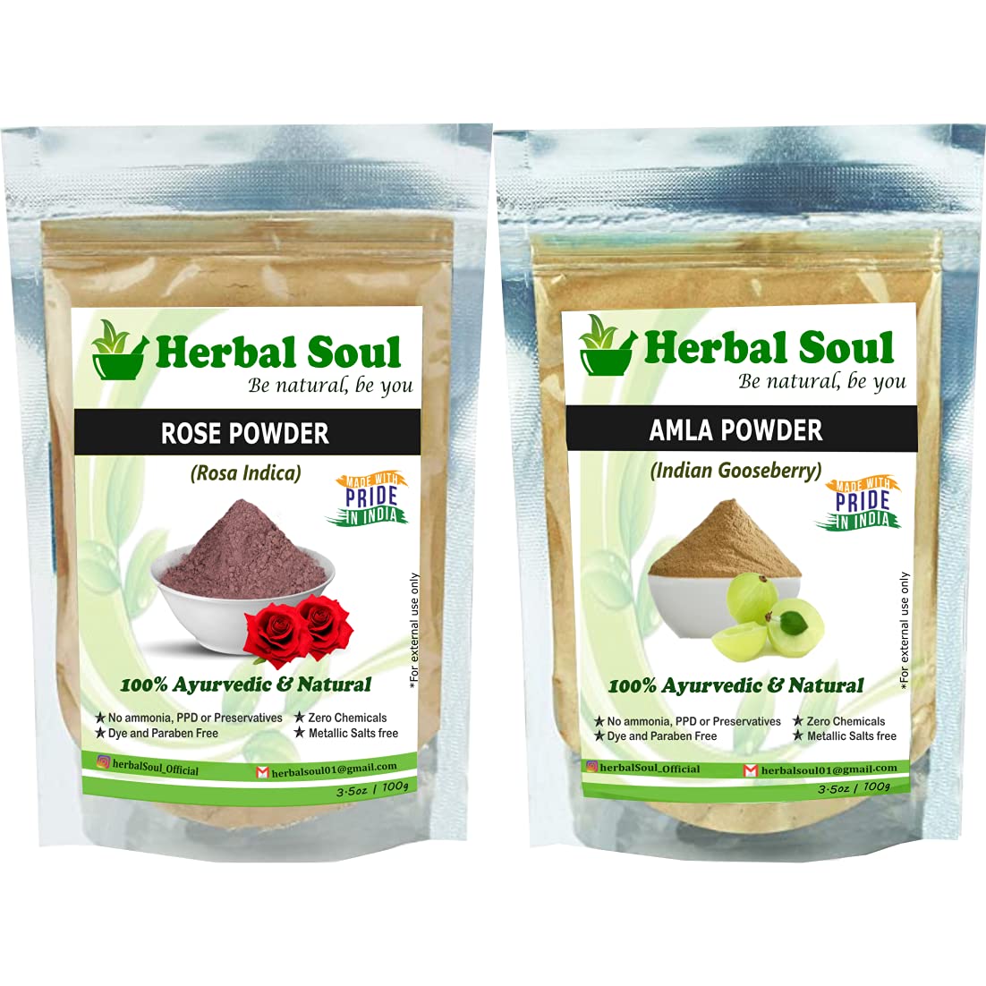 Herbal Soul Combo of Amla Fruit Powder (100g) + Rose Petal Powder (100g) for Hair & Face Packs, 200g