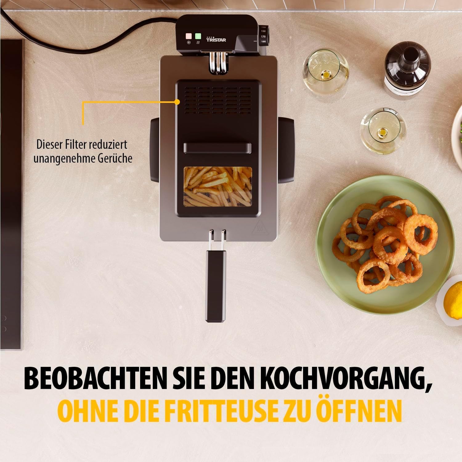 Tristar Fritteuse, 3 Liter, Cool Zone Technologie, Verstellbarer Thermostat bis 190°C, Spülmaschinenfeste Teile, Sichtfenster, Kabelaufbewahrung, Überhitzungsschutz, Kompaktes Design, FR-9327