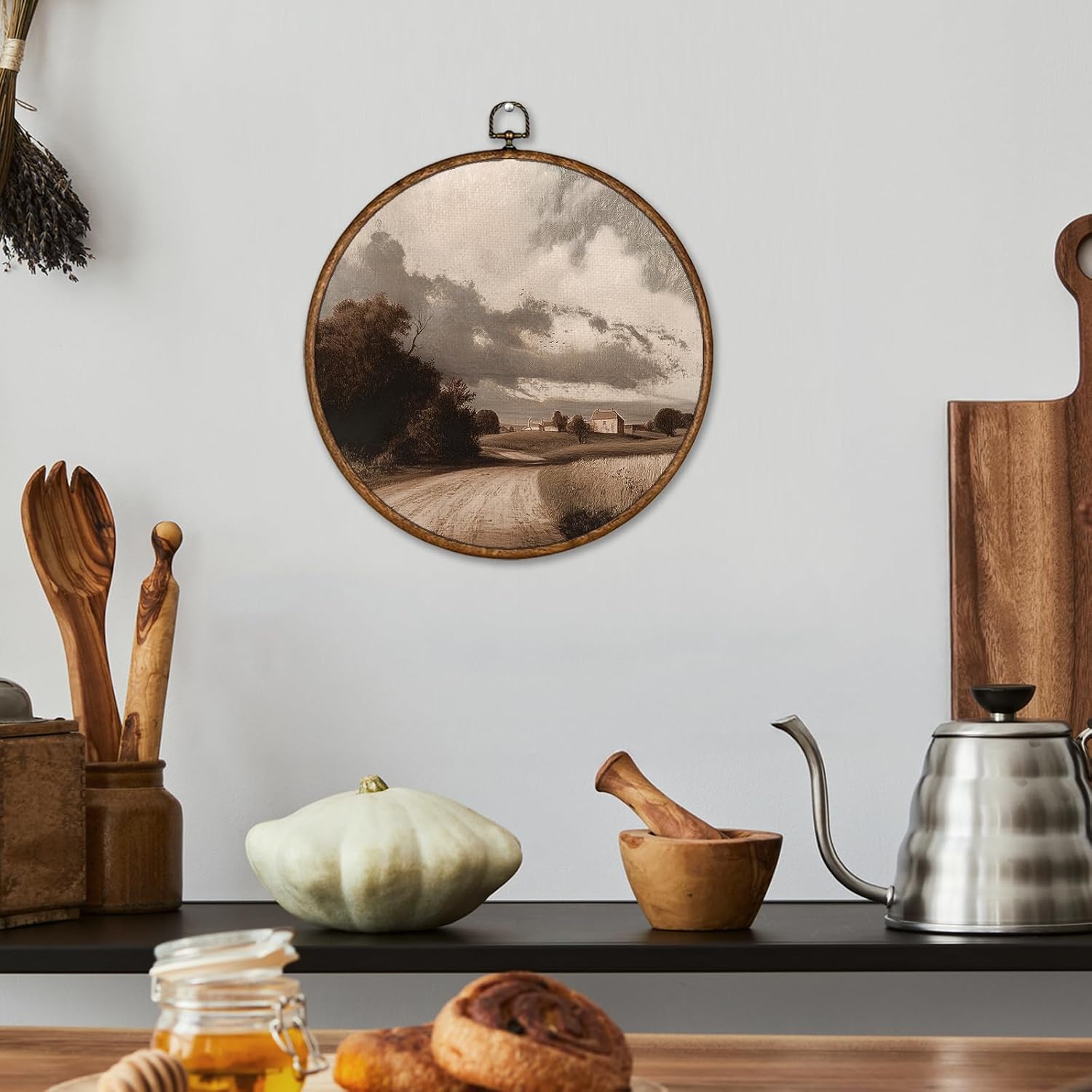 Voxitura Vintage Fall Landscape Wall Art Round Framed, Landscape Country Field Wall Decor Canvas Hanging Living Room, Rustic Retro Countryside Prints Artwork Decorations for Bedroom Dorm 10x10in - Image 5