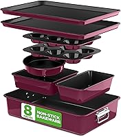 NutriChef 8-Piece Nonstick Stackable Bakeware Set | PFOA/PTFE-Free, 450°F Oven Safe, Cake Loaf Muffin Pans, Plum