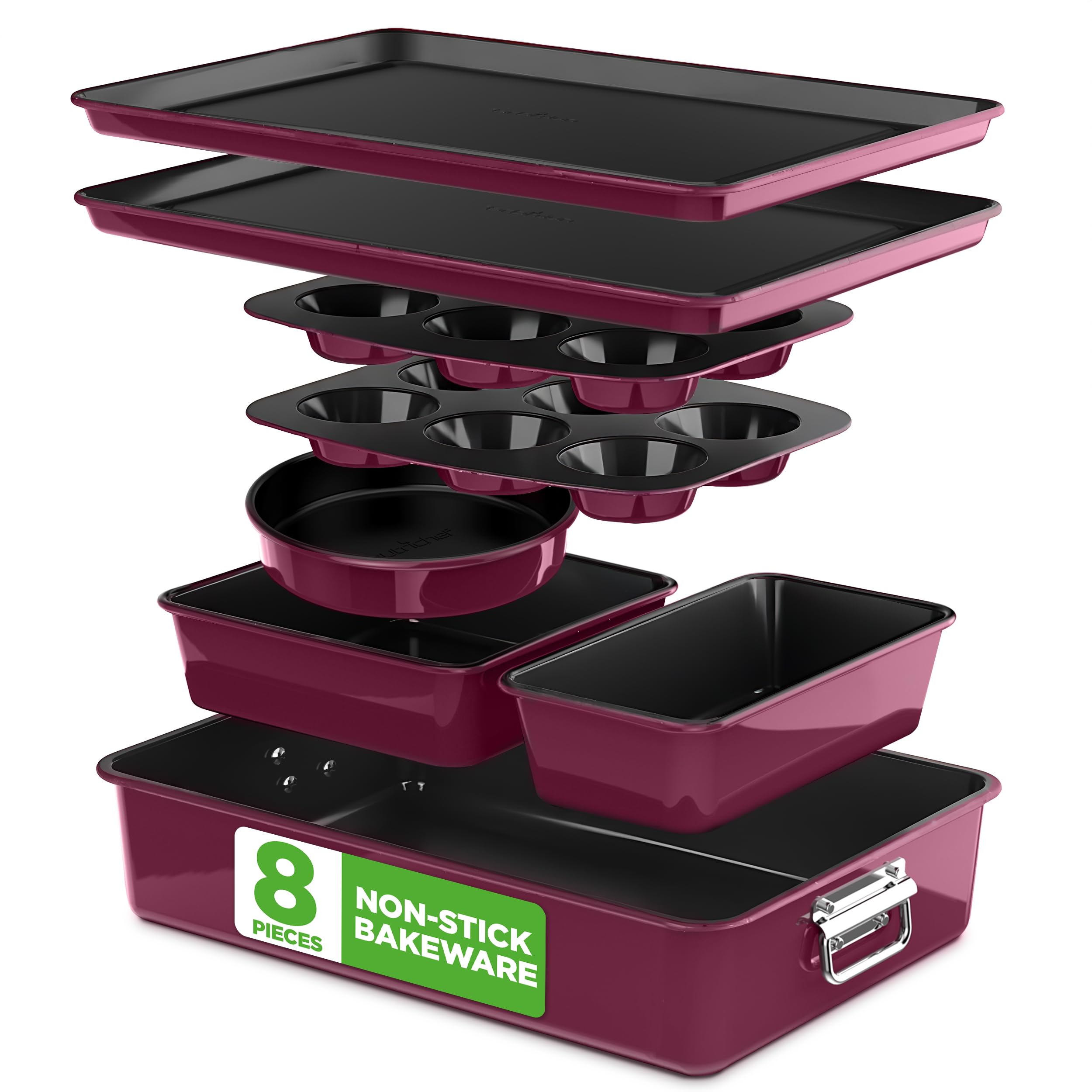 8-Piece Nonstick Stackable Bakeware Set - PFOA, PFOS, PTFE Free Baking Tray Set w/ Non-Stick Coating, 450°F Oven Safe, Round Cake, Loaf, Muffin, Wide/Square Pans, Cookie Sheet (Plum)
