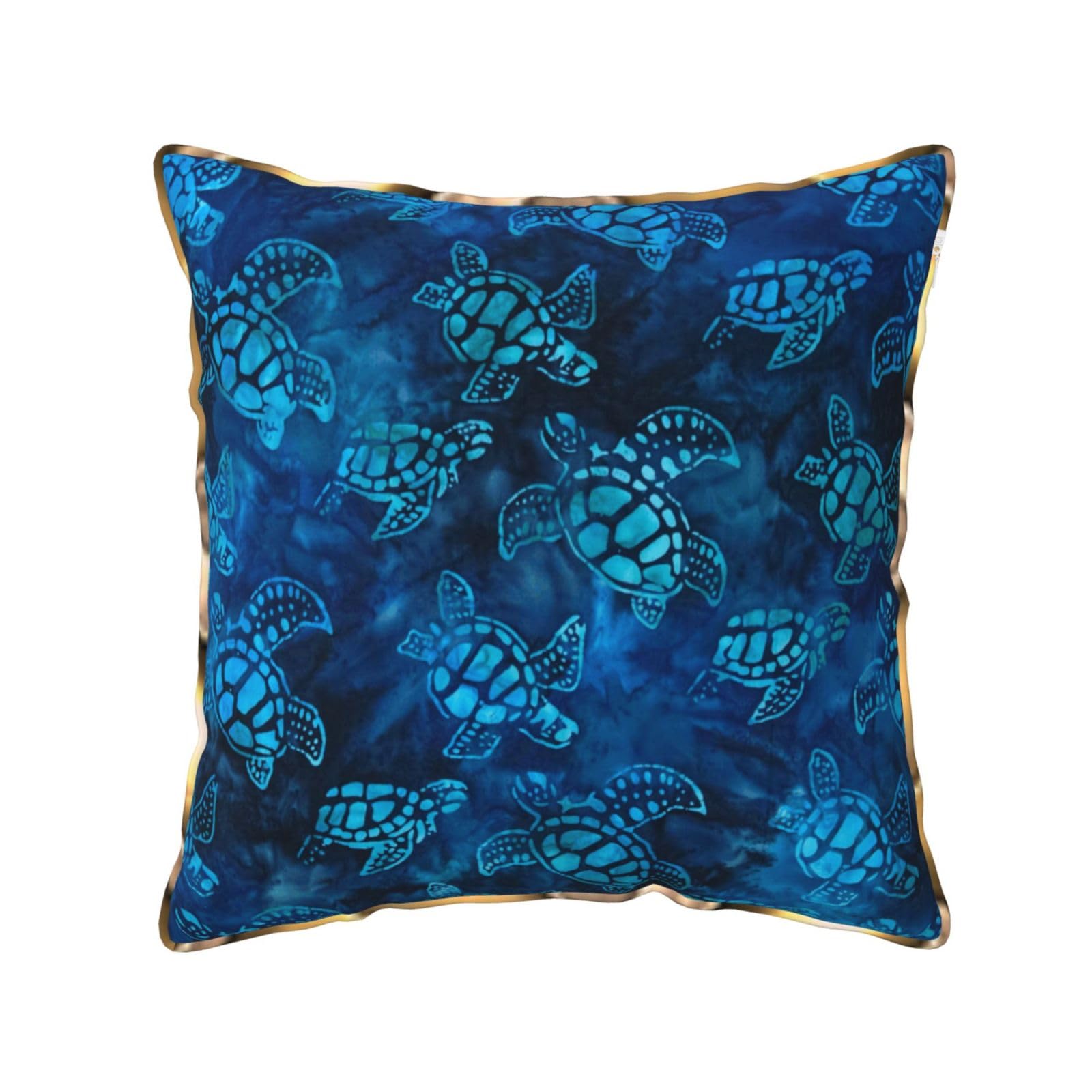 AUBKFELD Sea Turtle-Blue Printed Velvet Cushion Cover 45x45 CM with Gold Edging Strip, Square Pillowcase Soft Throw Pillow Covers Case Decorative for Living Room Sofa Couch Bed Bench