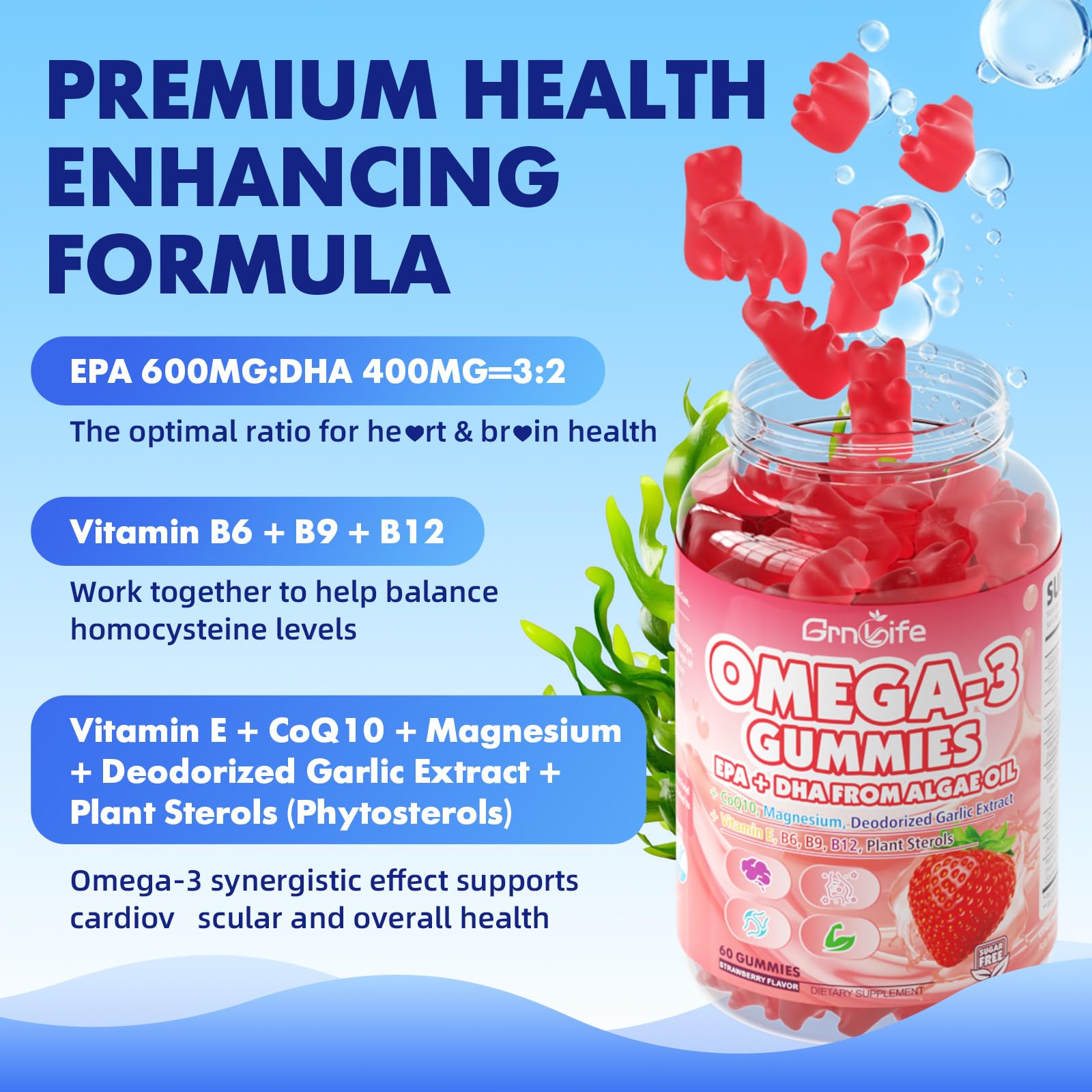 Vegan Omega 3 Gummies 1000mg + CoQ10 + Magnesium - w/Algae EPA 600mg & DHA 400mg, Fish Oil Omega-3 Supplements Alternative for Adults, for Brain, Eye, Immune Health, Strawberry Flavor, 60 Count — Amazon image 4