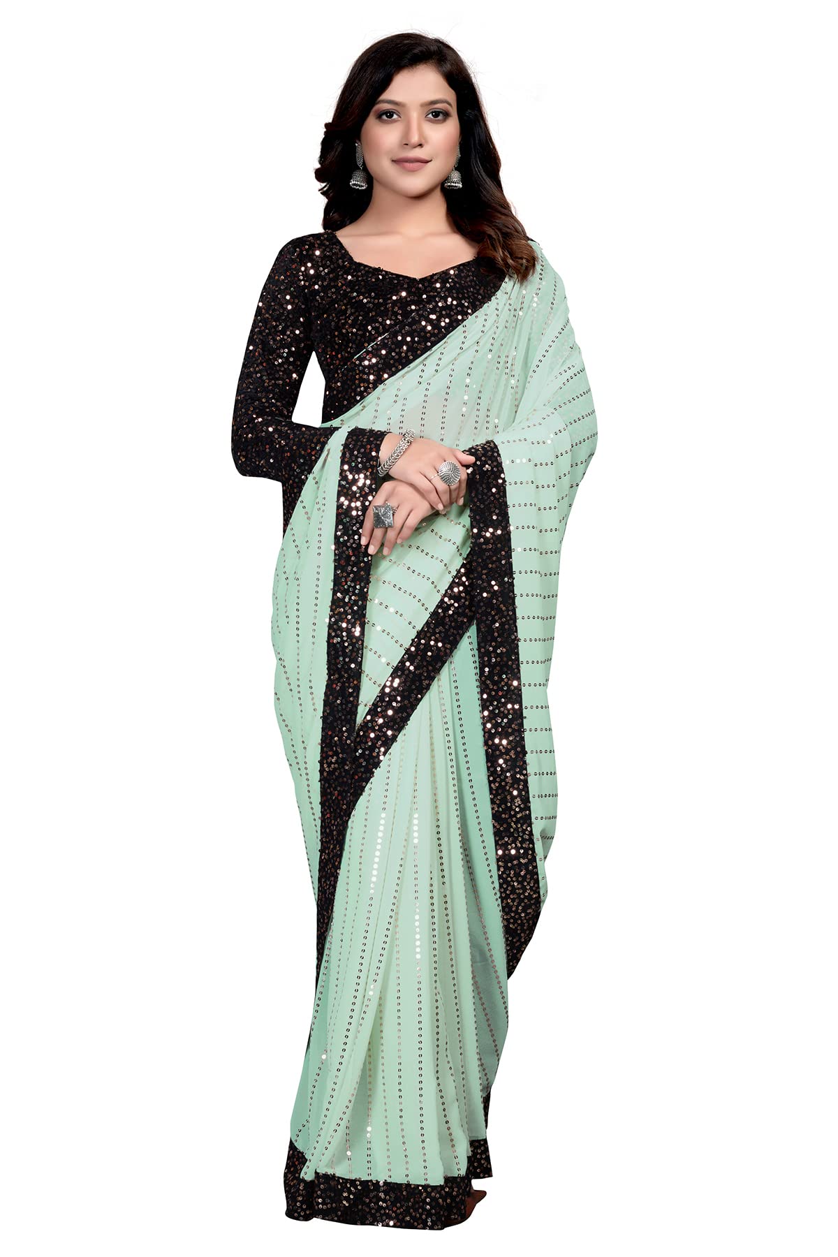 Pratham Blue Women's Sequins Georgette Fancy Saree With Blouse Piece (Pb-42_Light Green)