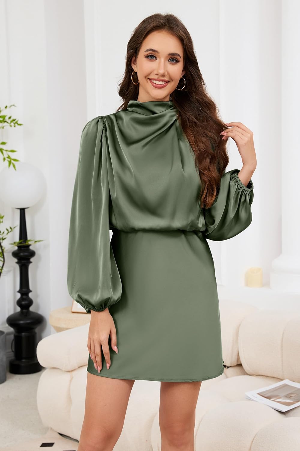 Cocktail Dresses for Women Long Sleeve Satin Short Formal Dress Elegant Mock Neck Silk Wedding Party Mini Dresses - Image 2