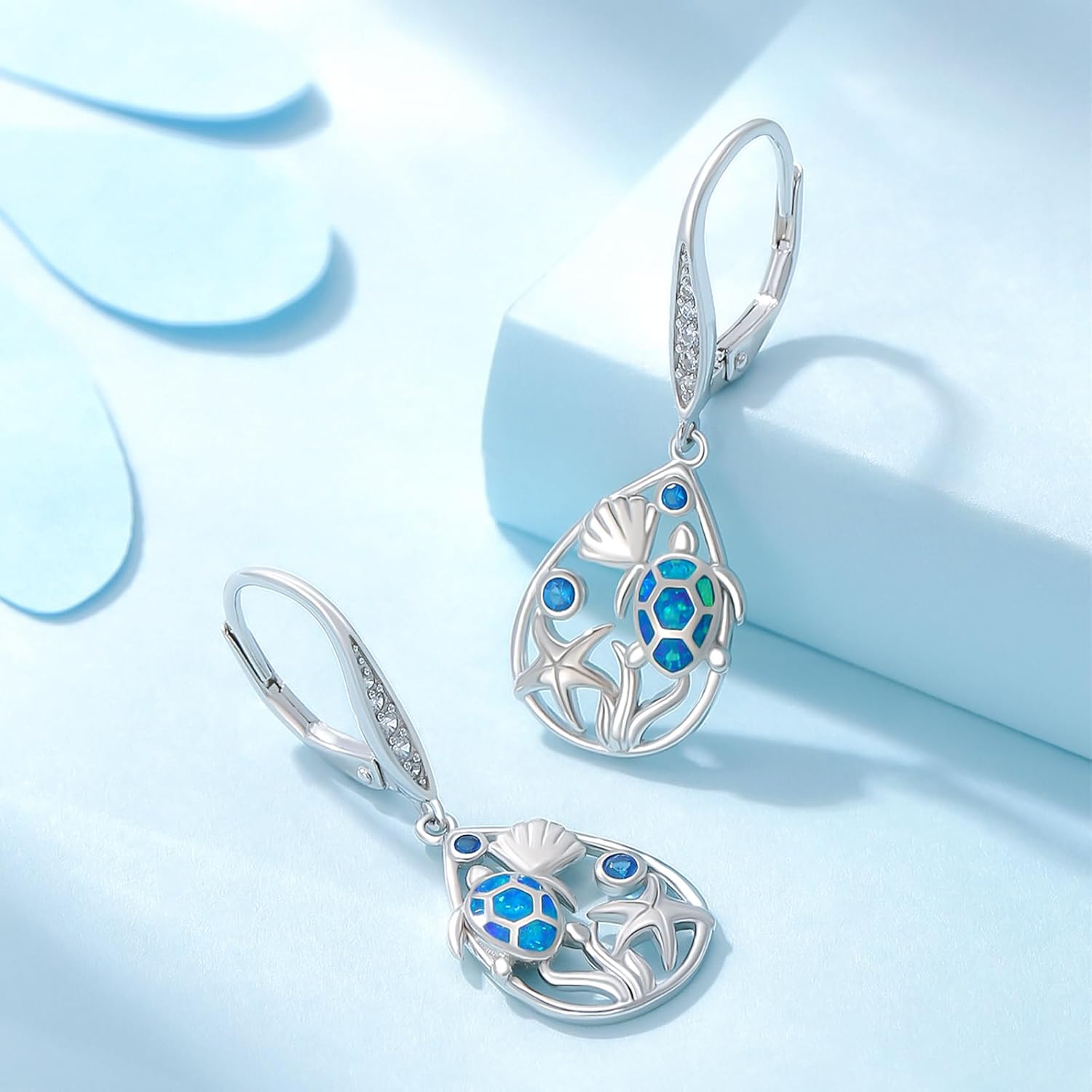 Turtle Earrings for Women S925 Sterling Silver Hawaii Blue Opal Sea Starfish Dangle Earring Tortoise Drop Animal Statement Ocean Summer Beach Vacation Jewelry Mothers Day Christmas Gift - Image 3