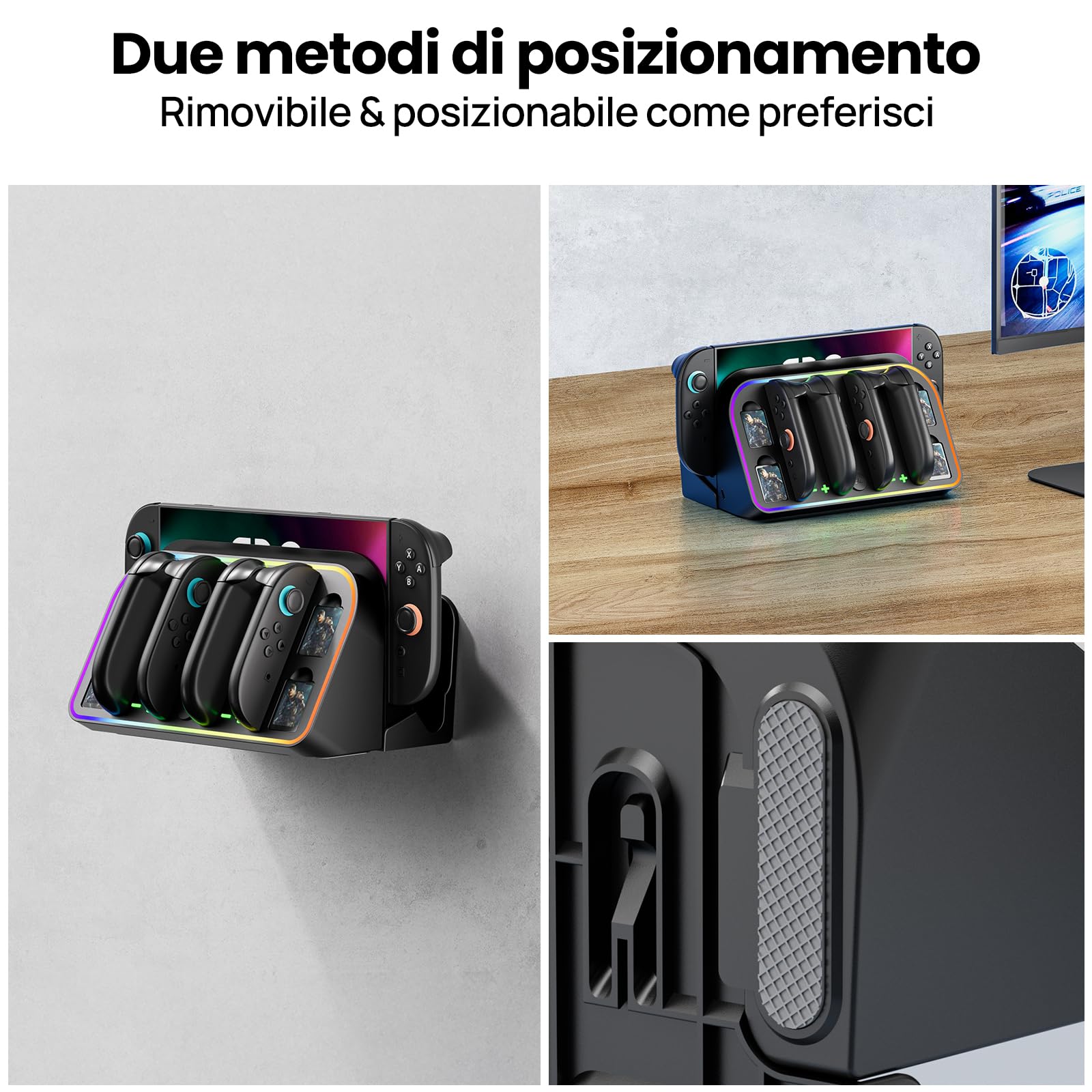MANKIW Stazione Ricarica Per Nintendo Switch 2, Caricatore 4 In 1 Per 2 Controller Joy-Con Con LED Indicatori & Luci RGB, Dock TV, Ricarica Da Parete
