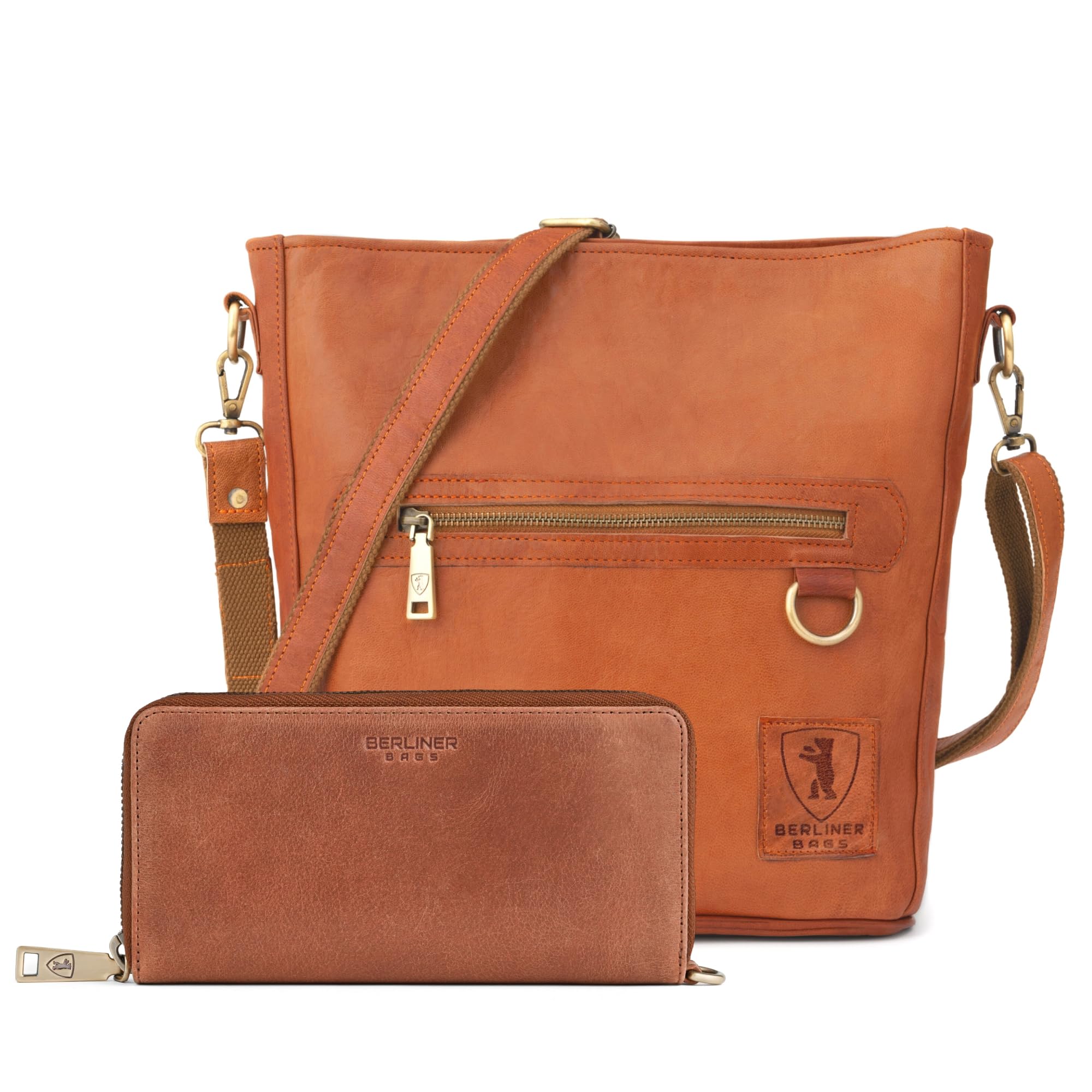 Berliner Bags Vintage Leder Schultertasche Siena & Geldbörse Lyon Set Damen – Mittelgroße Umhängetasche & Große Geldbörse mit RFID-Schutz, Geschenkset – Braun