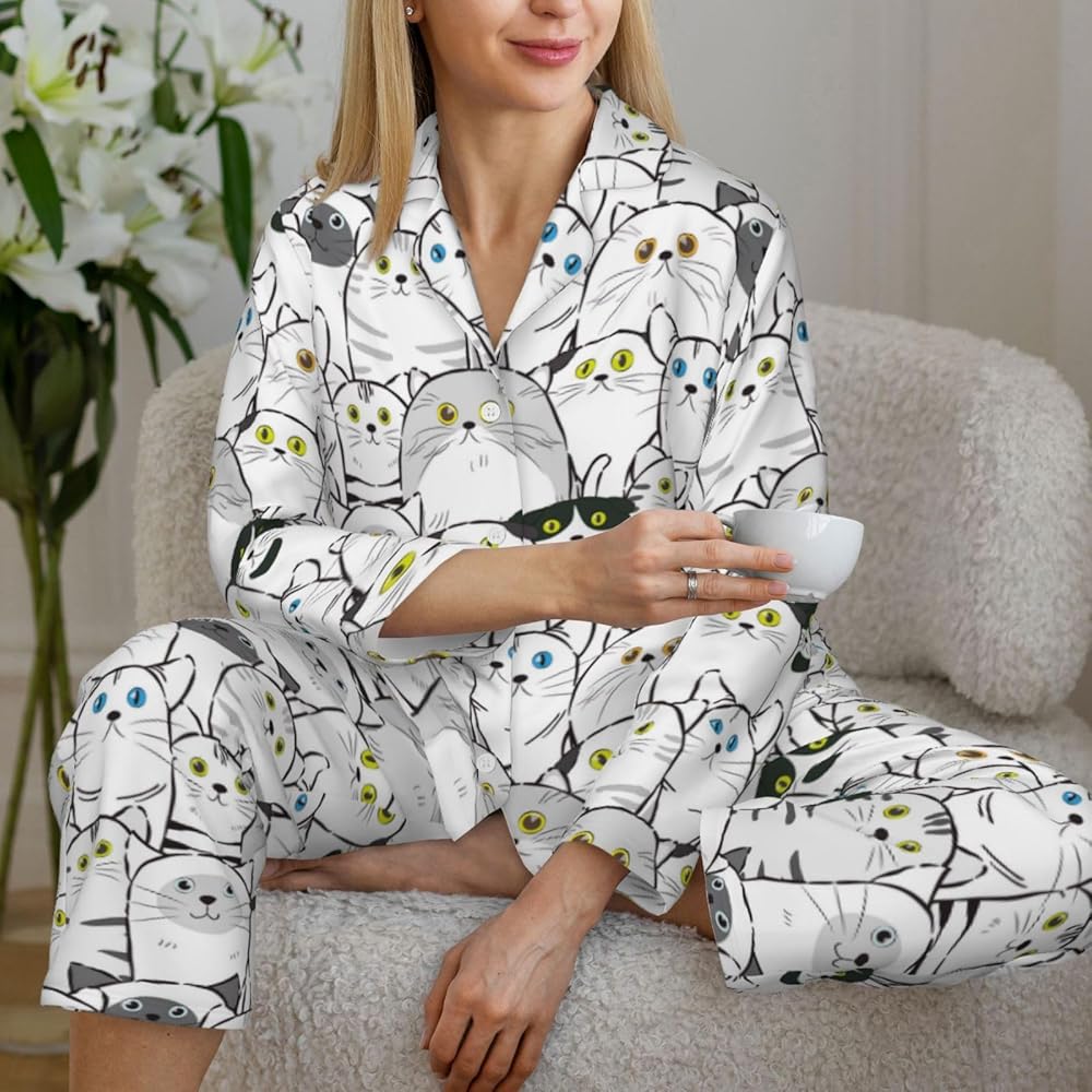 【MOODMOON】Animal Long Sleeve Pajama Set Gugusary Women Silk Satin Pajamas Set English Bulldog