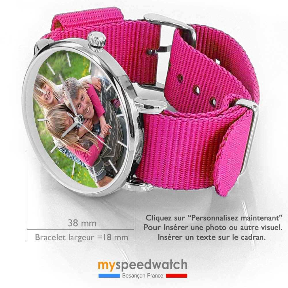 Reloj personalizable con una foto o un texto. Reloj mixto para hombre o mujer. Regalo personalizado. Pulsera trenzada NATO liso, colores de moda. Regalo único. Día del padre, Modelo mixto Ø 38 mm.