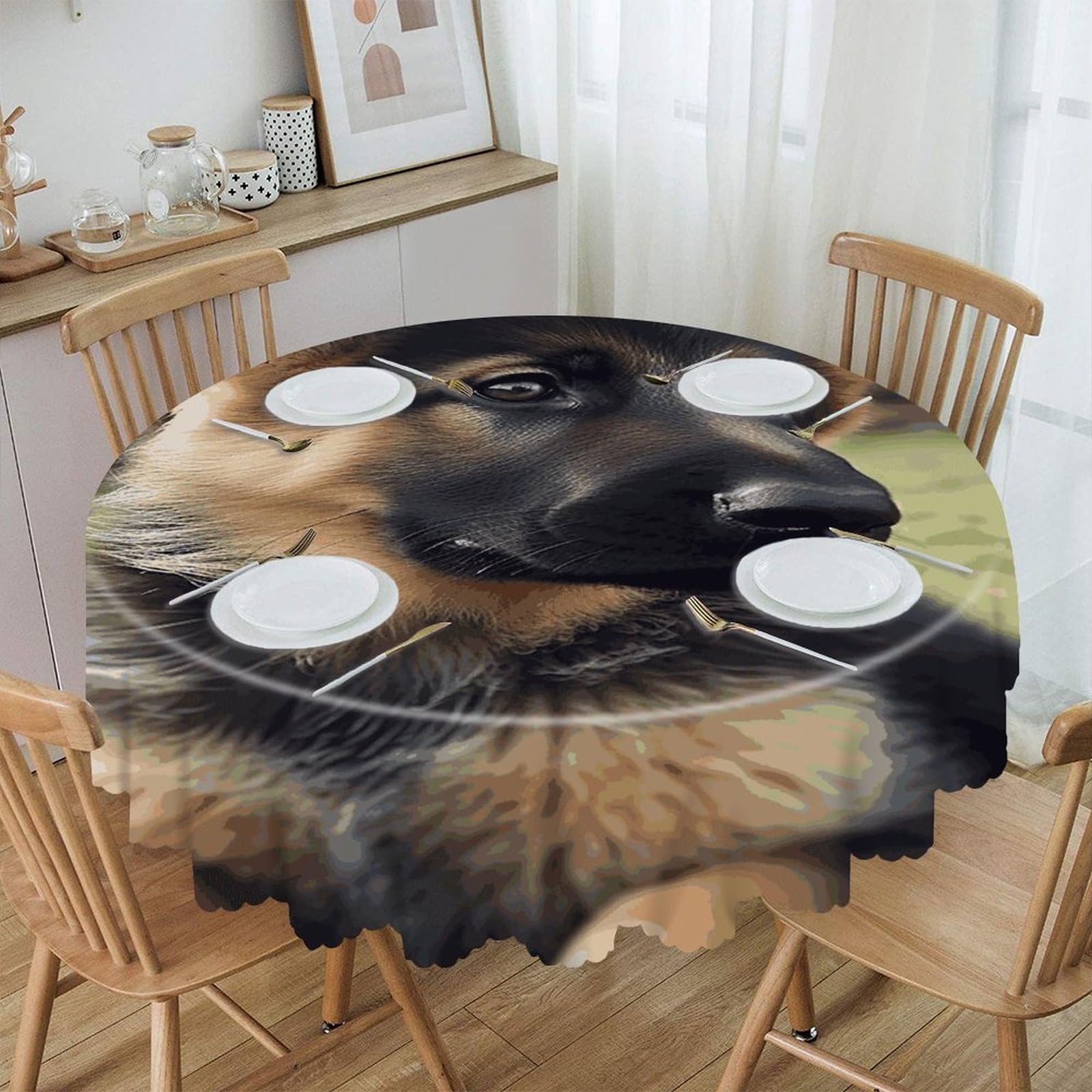 MUSM German Shepherd Puppy Table Cloths Round Wrinkle Resistant Tablecloths Washable Polyester Table Cover Waterproof Decorative Washable Rustic Circle Tablecover for Kitchen Dining