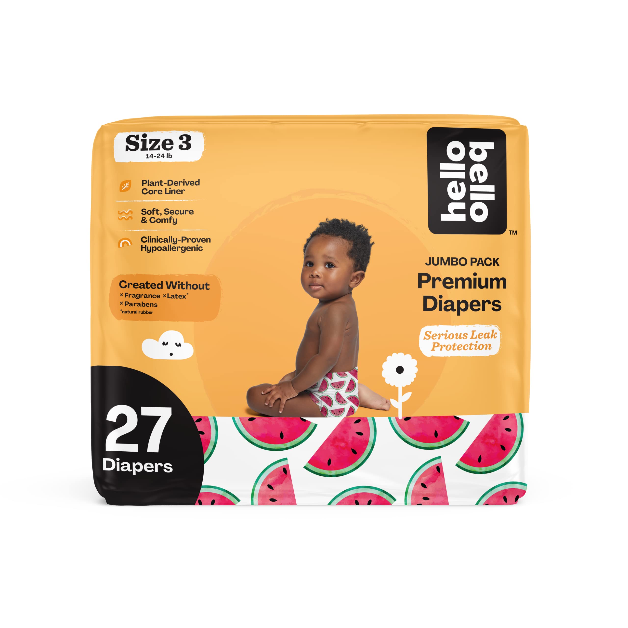 Hello Bello Premium Baby Diapers Size 3 I 27 Count of Disposeable, Extra-Absorbent, Hypoallergenic, and Eco-Friendly Baby Diapers with Snug and Comfort Fit I Watermelon