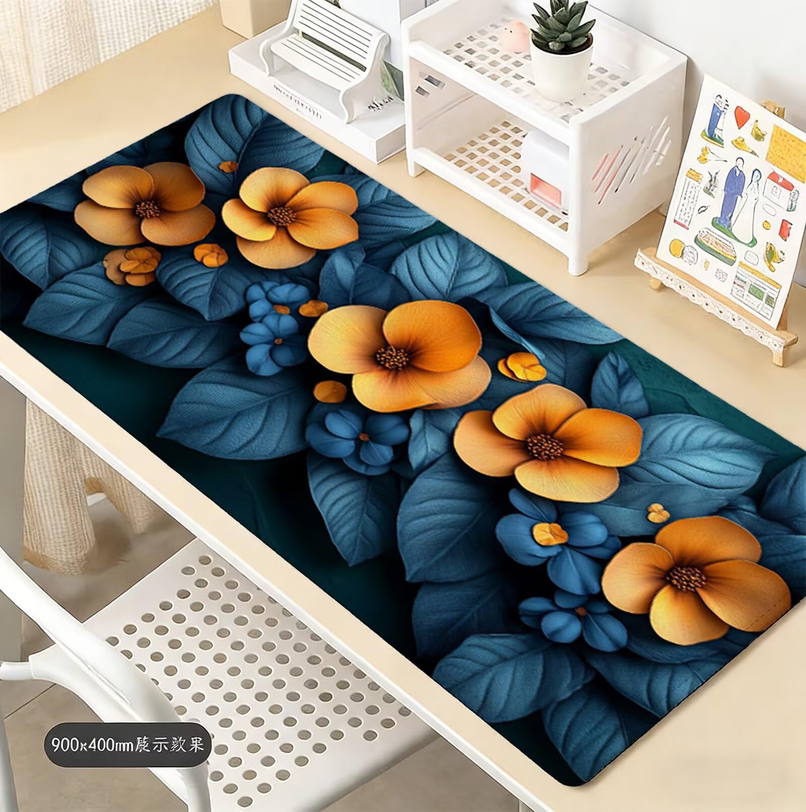 Podkładka pod mysz XXL, niebieska, 1400 x 600 mm, gamingowa podkładka pod mysz, duży kwiat z szytymi krawędziami, podkładka na biurko z antypoślizgową gumową podstawą, akcesoria biurowe, dekoracja