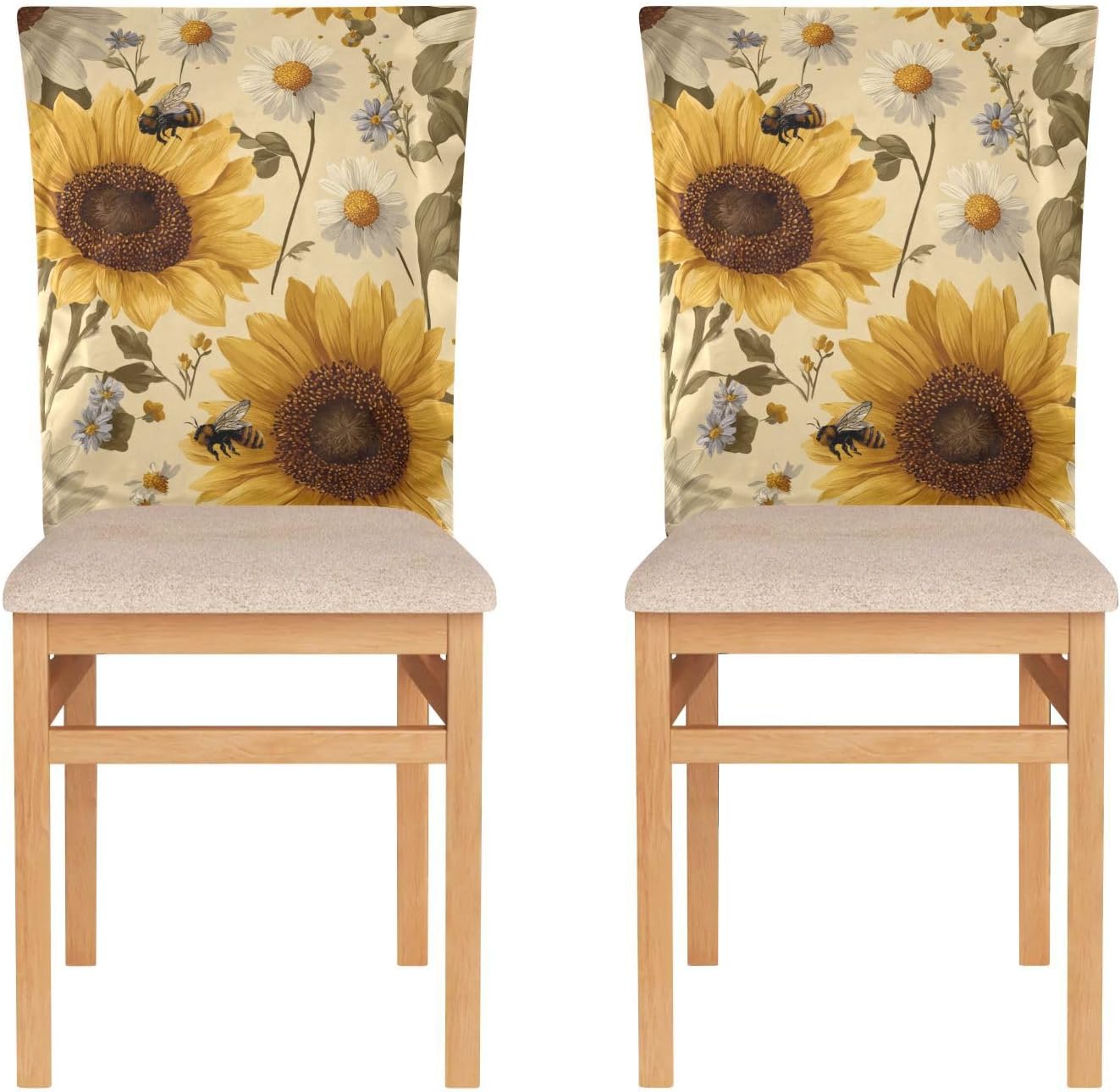 Chair Covers for Dining Chairs Set of 2 Dining Room Chair Back Cover Parsons Slipcover Seat Protector Party Halloween Christmas Decorations Beige Sunflowers and Daisy Bees08