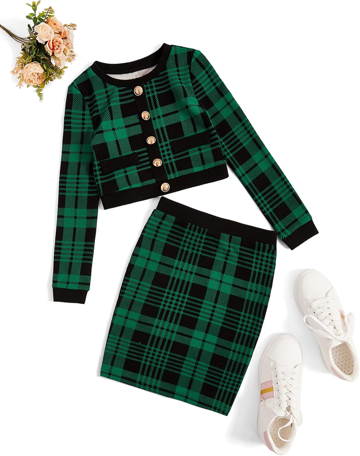 Milumia Girl's Two Piece Outfits Houndstooth Button Decor Crop Blazer Jacket and Skirt Sets - Image 2