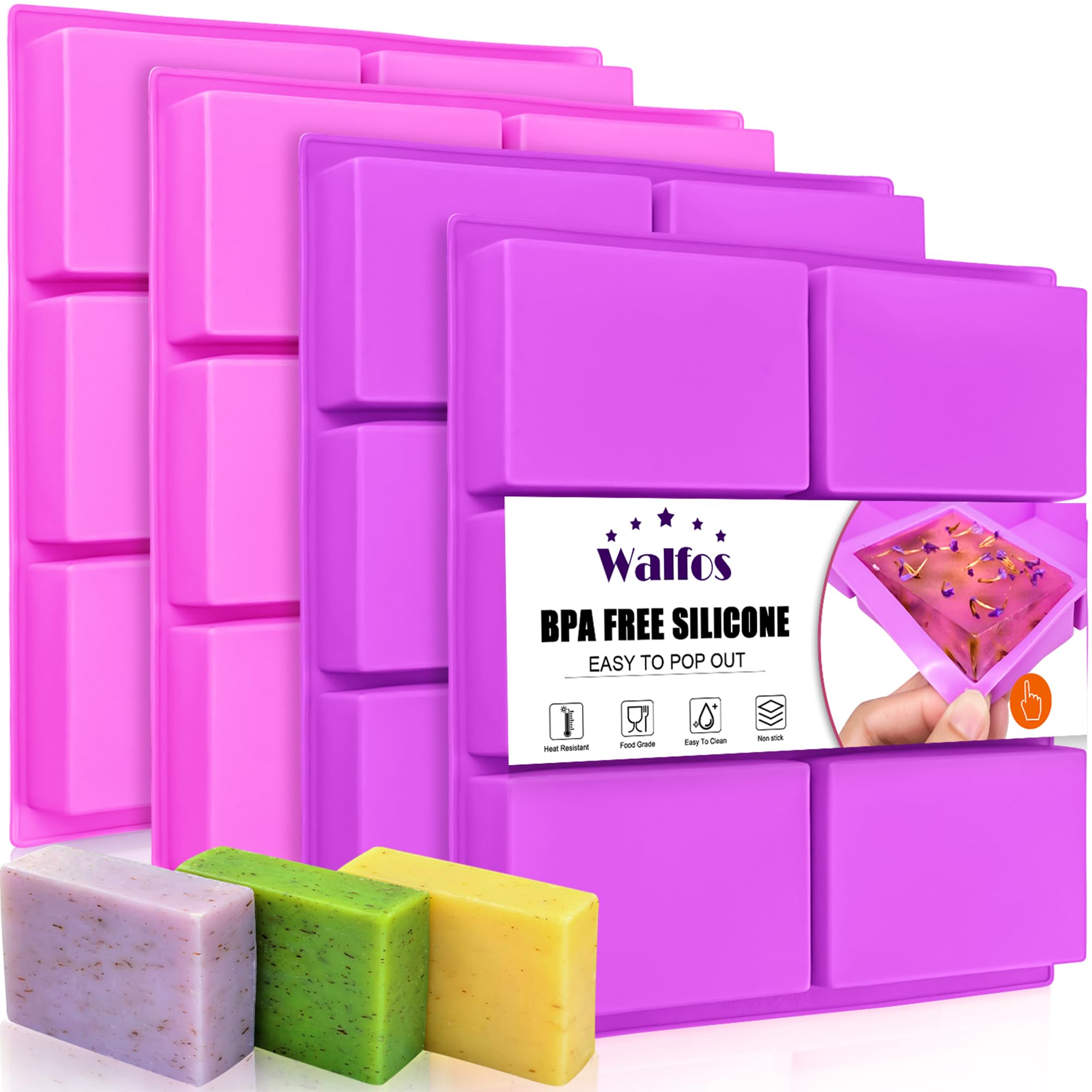 Walfos Silicone Soap Molds Set of 4, 6 Cavities Rectangle Mold for Homemade Craft Soap, Cake, Chocolate - Ice Cube Tray (Purple, Pink)