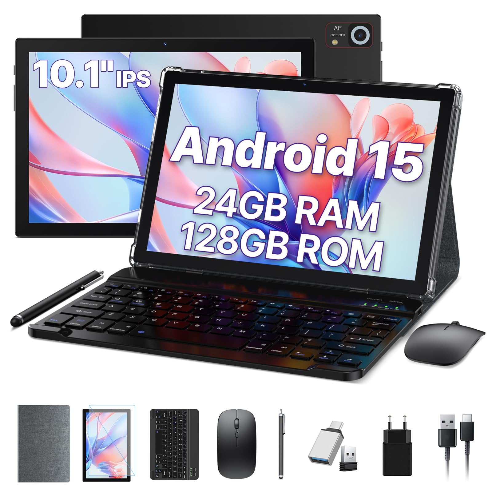 ANTEMPER 2026 Neueste Tablet, 10.1 Zoll Display, 24GB RAM + 128GB ROM (erweiterbar auf 1TB), Android 15 Tablets mit Tastatur Maus Stift, WiFi 6, WideVine L1, 13MP+8MP Kamera, 7000mAh, GPS, Schwarz