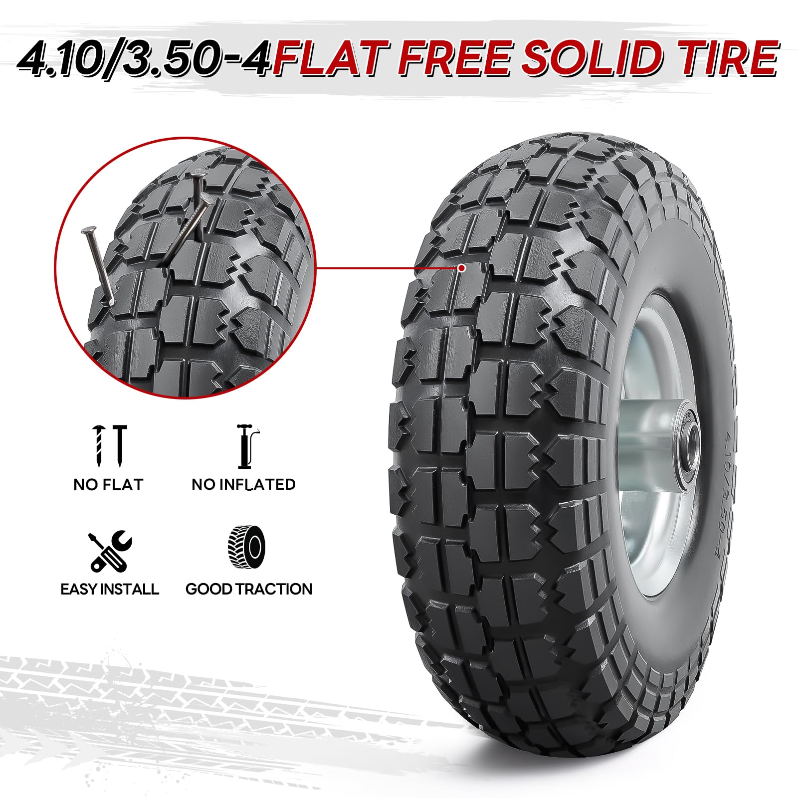 2-PCS 4.10/3.50-4 Reifen Pannensichere 4.10-4 3.50-4 Vollreifen mit 5/8 Zoll Achsbohrung und doppelt abgedichteten Lagern, kompatibel 4.10 3.50-4 Sackkarren, Schubkarren, Rasenmäher reifen| Silber