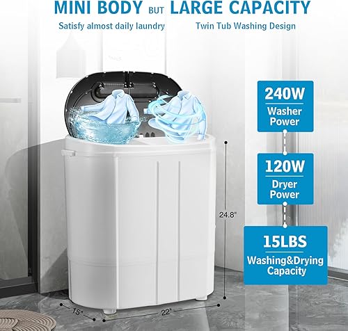 Miniatura 3 de Lavadora portátil de doble tina de 15 libras, lavadora con combinación de lavadora y giratoria, drenaje por gravedad, máquina de lavandería