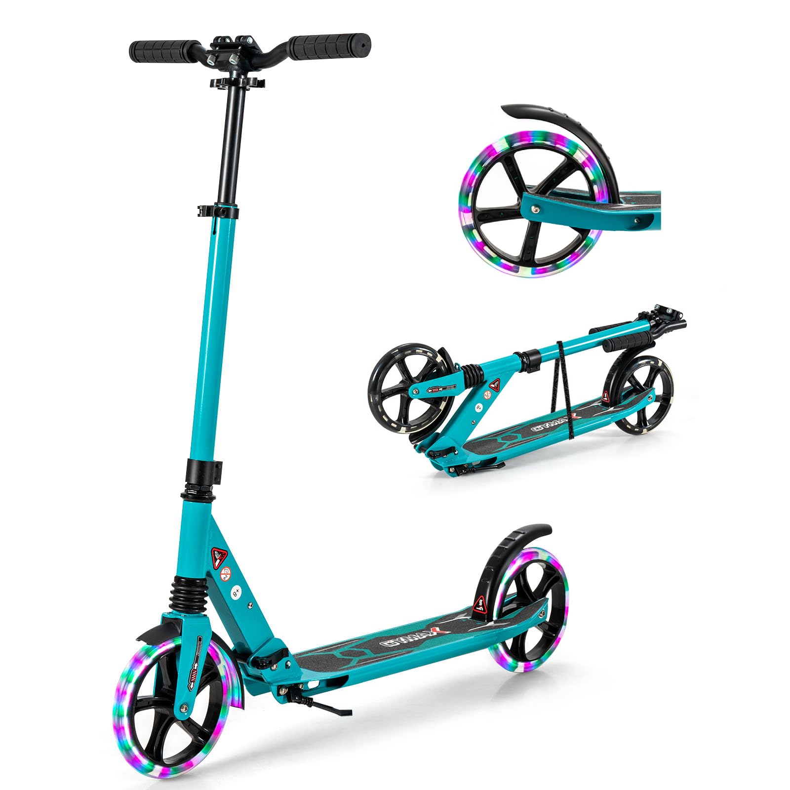 GYMAX Foldable Kick Scooter, Height Adjustable City Scooter with Light Up Wheels, Shock-Absorbing System, Non-Slip Deck & Rear Brake, Lightweight Scooters for Kids Adults and Teens (Green)
