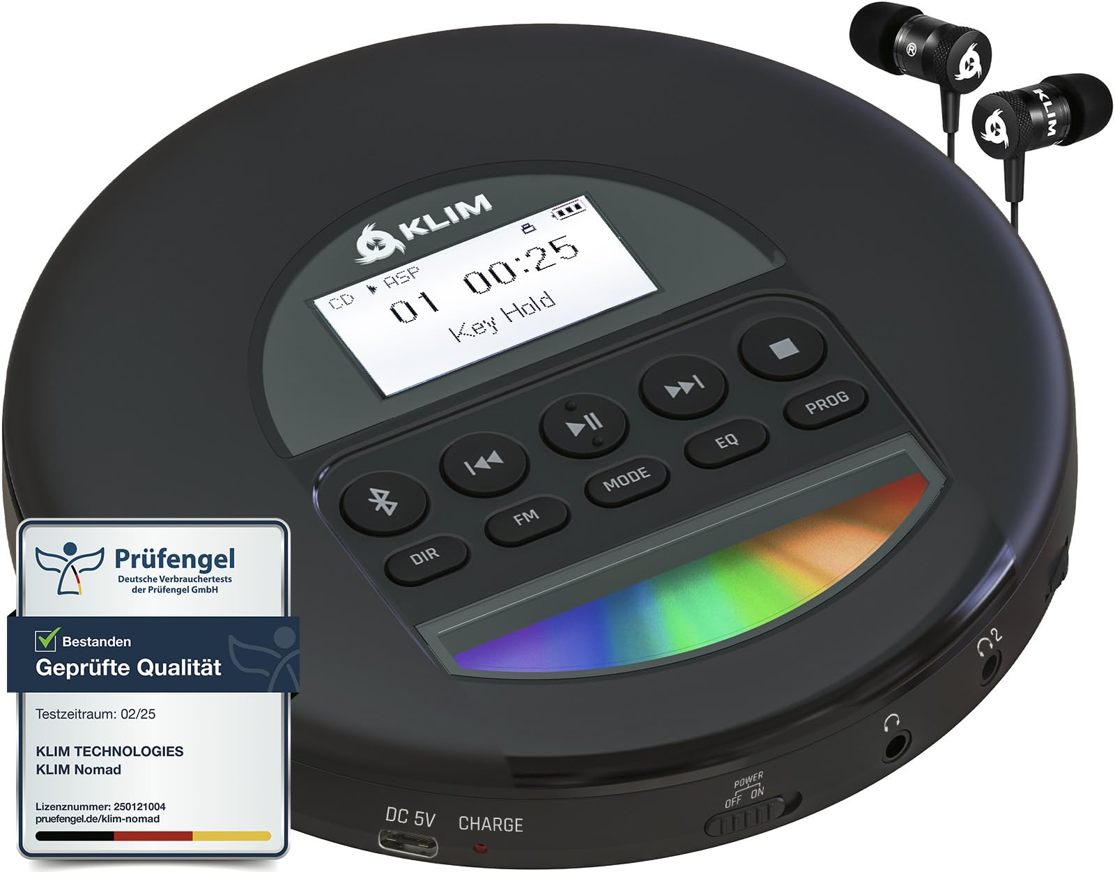 KLIM Nomad CD Player Bluetooth – Tragbarer Discman mit langlebigem Akku – Inklusive Kopfhörer – CD-R, CD-RW, MP3 – Mit TF-Reader, FM-Radio – Ideal für Autos – Tragbarer Musik-Player
