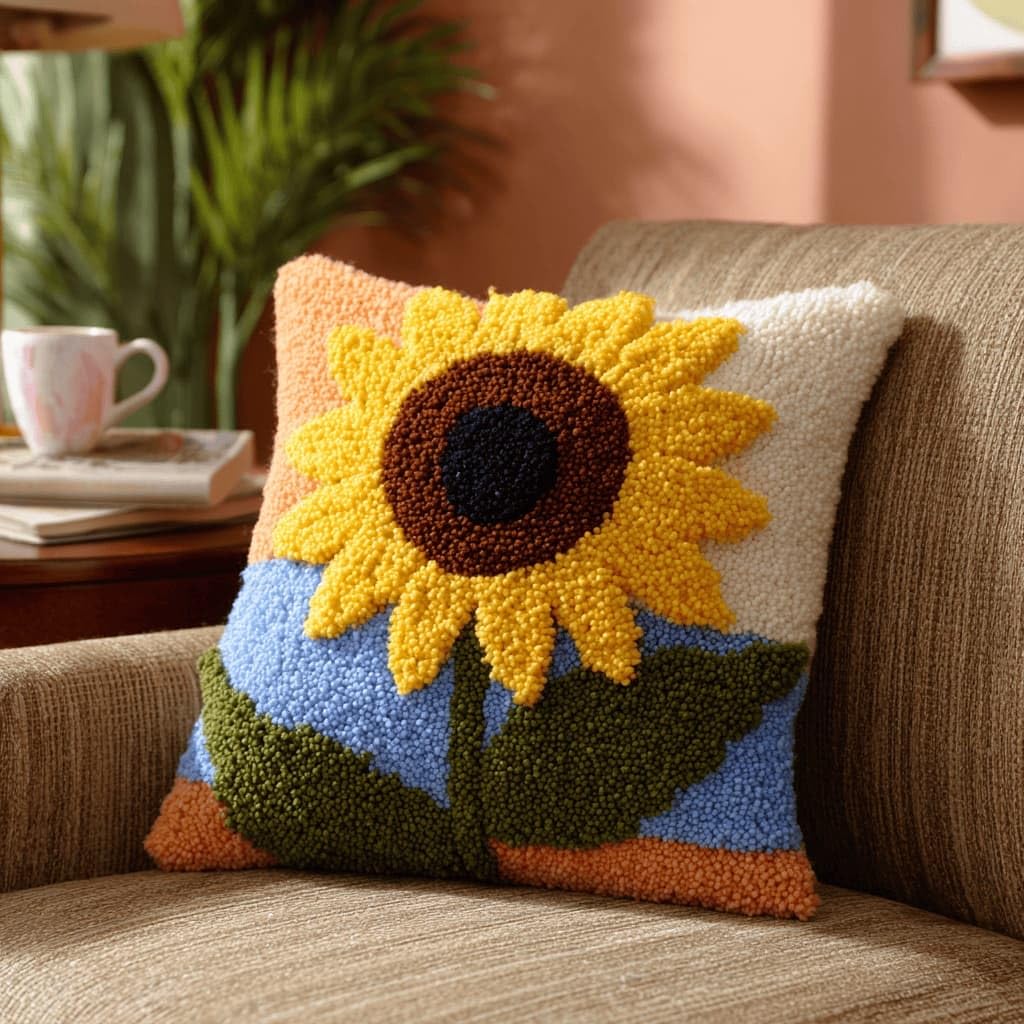 AxiangziK Latch Hook Cushion Kits,Sunflower DIY Needlework Pillow Cover Cushion Rug Making Kit,17X17Inch Handmade Embroidery Kits, Decorative Throw Pillow Cover for Sofa Cushions, Bedroom Decor