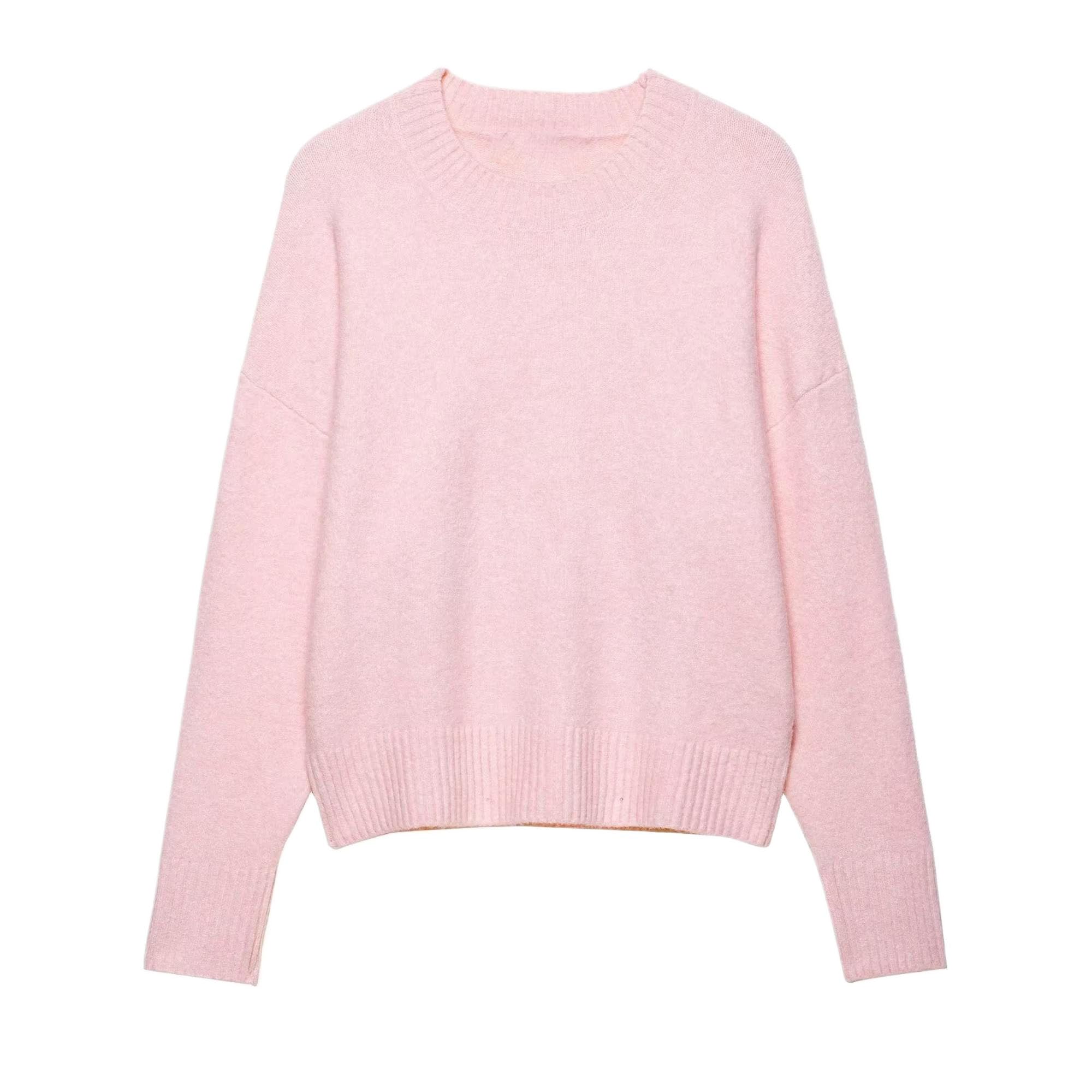 Womens Solid Color Round Neck Long Sleeve Knit Pullover Sweater for Autumn Winter Fashion