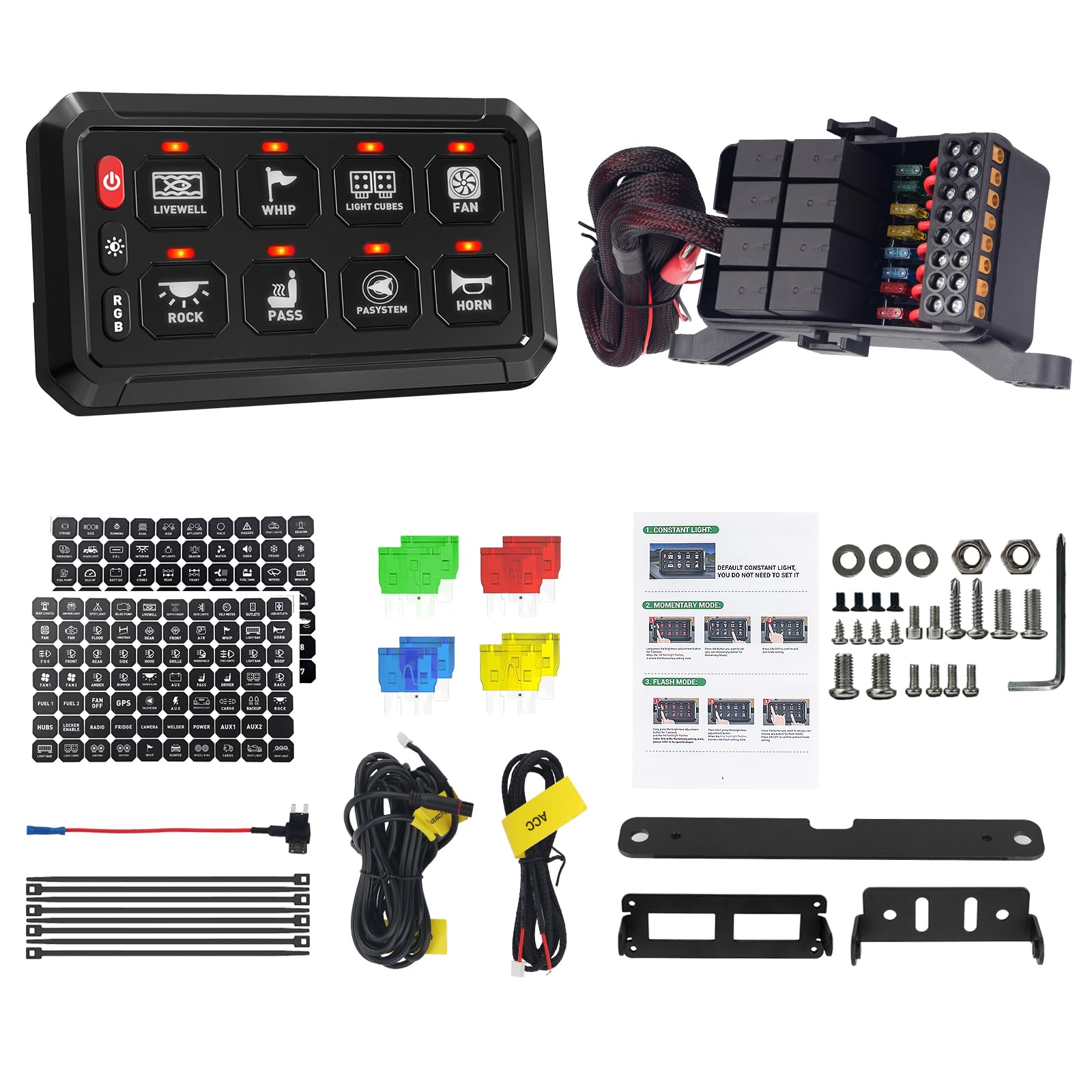 Chelhead Panel przełącznika 8 Gang RGB 12V/24 V z przekaźnikiem i bezpiecznikiem | Wodoszczelność IP65, 5 poziomów jasności i 3 silikonowe przyciski do łatwego sterowania akcesoriami