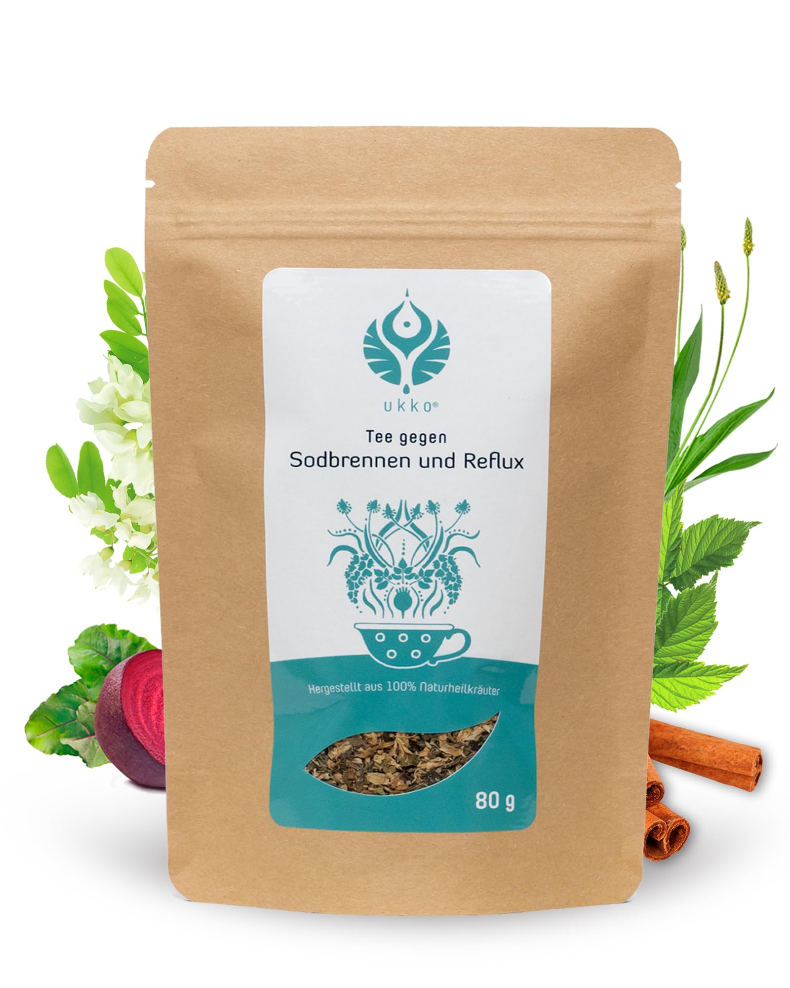 UKKO Reflux Teemischung Kräutertee lose gegen Sodbrennen Säure Reflux, 80g | Natürlich Magen Darmtee für Verdauung, Magentee Gastritis, Beruhigt den Magen schützt die Magenschleimhaut, Glutenfrei, Vegan