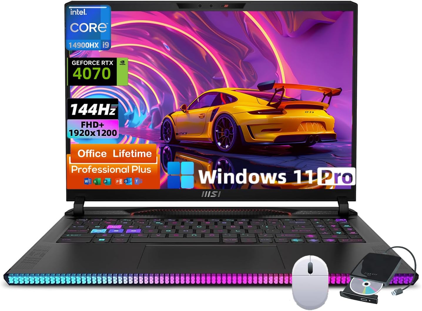 MSI Raider GE68HX Gaming Laptop - Intel 24-core i9-14900HX(Up to 5.8GHz), GeForce RTX 4070, 16" FHD+ IPS 144Hz, Backlit KB, Wi-Fi 7, MS Office Lifetime, Win 11 Pro (32GB DDR5 | 2TB SSD)