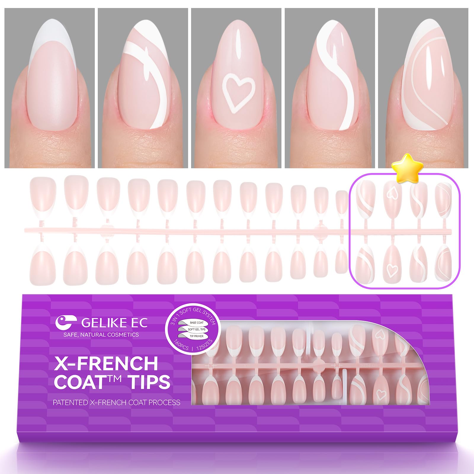 French Tip Press On Nails: Gelike ec 150Pcs Medium Almond French Gel Nail Tips,Long Lasting Fake Nail,3 in 1 Pre-Designed Press On Nails Short for Nail Art DIY Halloween Gifts,Nude