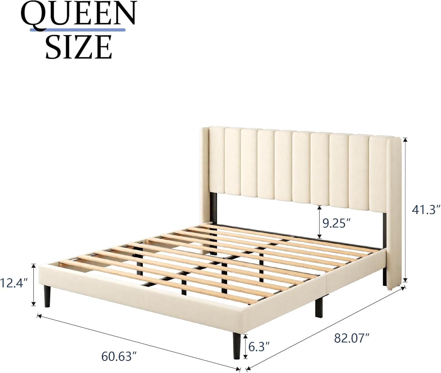 Queen Size Bed Frame with Upholstered Wingback Headboard, Easy Assemnly Platform Bed, Wooden Slat Support No Box Spring Needed, Cream - Image 2