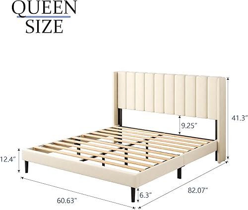 Miniatura 2 de Base de cama tamaño Queen con cabecera de cama tapizada con respaldo geométrico, cama de plataforma de fácil montaje, soporte de listones de madera,