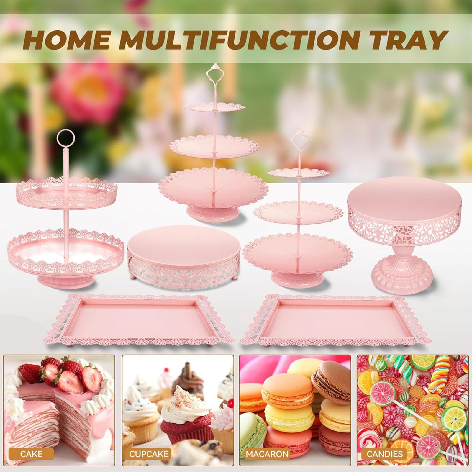 Set di alzata da dessert in metallo con piedistallo e piastre per torte a due ripiani rettangolari antiruggine in ferro per matrimoni, compleanni, tè pomeridiano, panetteria, buffet