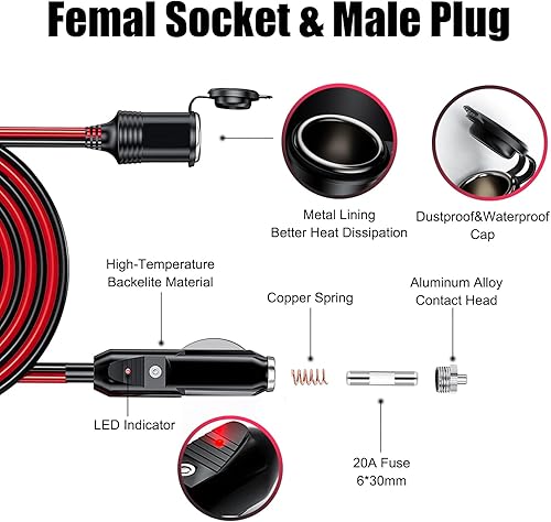Miniatura 5 de 2 cables de extensión de encendedor de cigarrillos de 13 pies, 12 V24 V, 16 AWG, 156 W15 A, enchufe macho a enchufe hembra, cable de extensión con 2