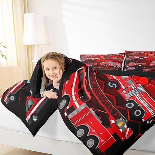 Miniatura 6 de Erosebridal Juego de edredón de camión de bomberos para niños, juego de ropa de cama de panal rojo brillante con diseño de panal de abeja, juegos de
