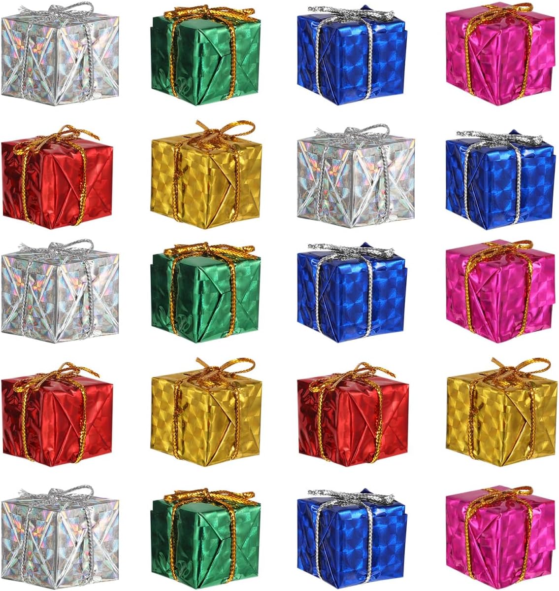 ULTECHNOVO 24Pcs Mini Christmas Tree Ornaments, Small Gift Box Hanging Decorations, Colorful Foil Present Boxes, Tiny Fake Wrapped Ornament for Holiday Craft & Party Decor, 0.94 Inch