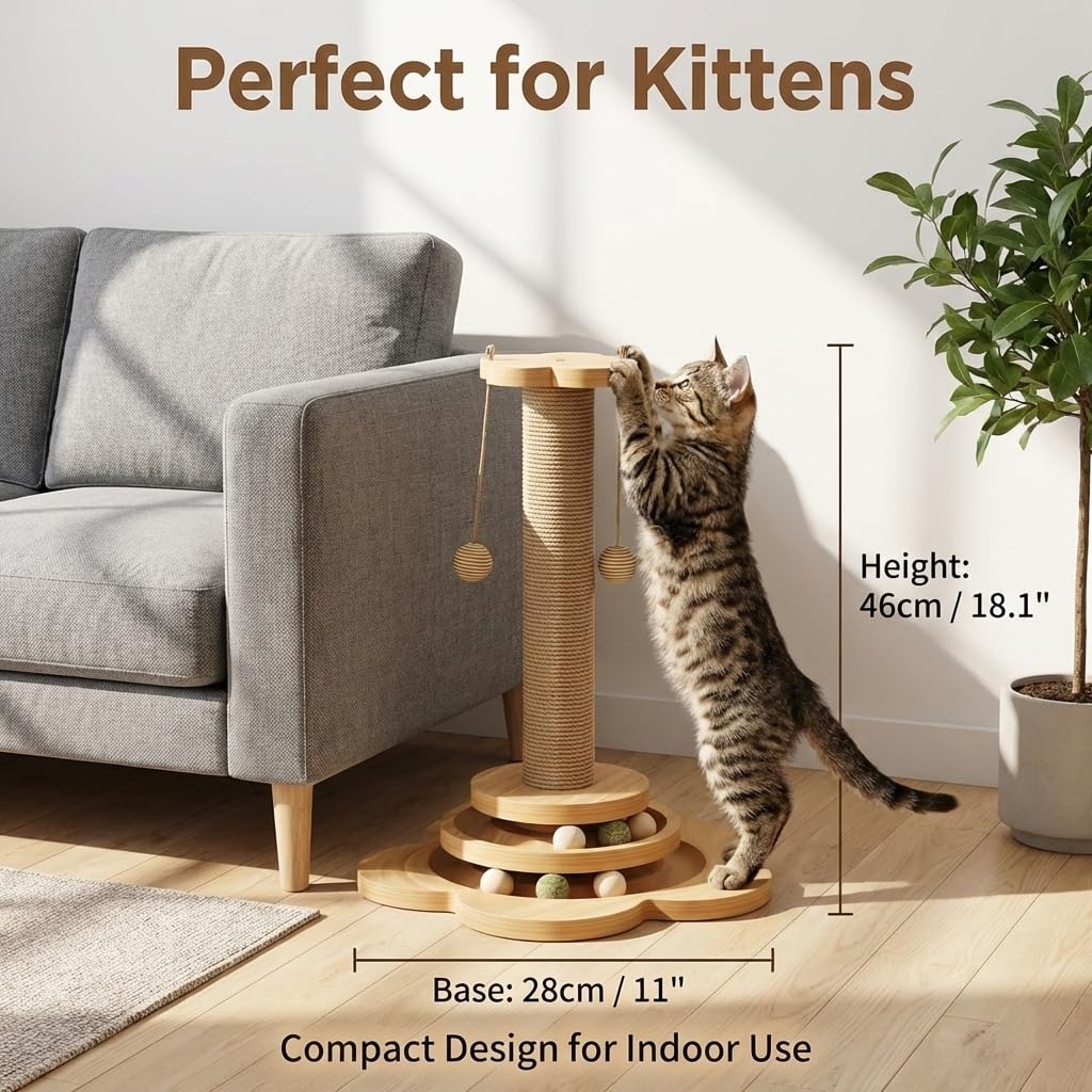 Rascador para Gatitos de Madera - Poste de Rascado Interactivo con Circuito de Bolas y Pluma - Árbol para Gatos Pequeño (46cm) de Cuerda de Yute Natural - Base Antideslizante y Estable (Beige)