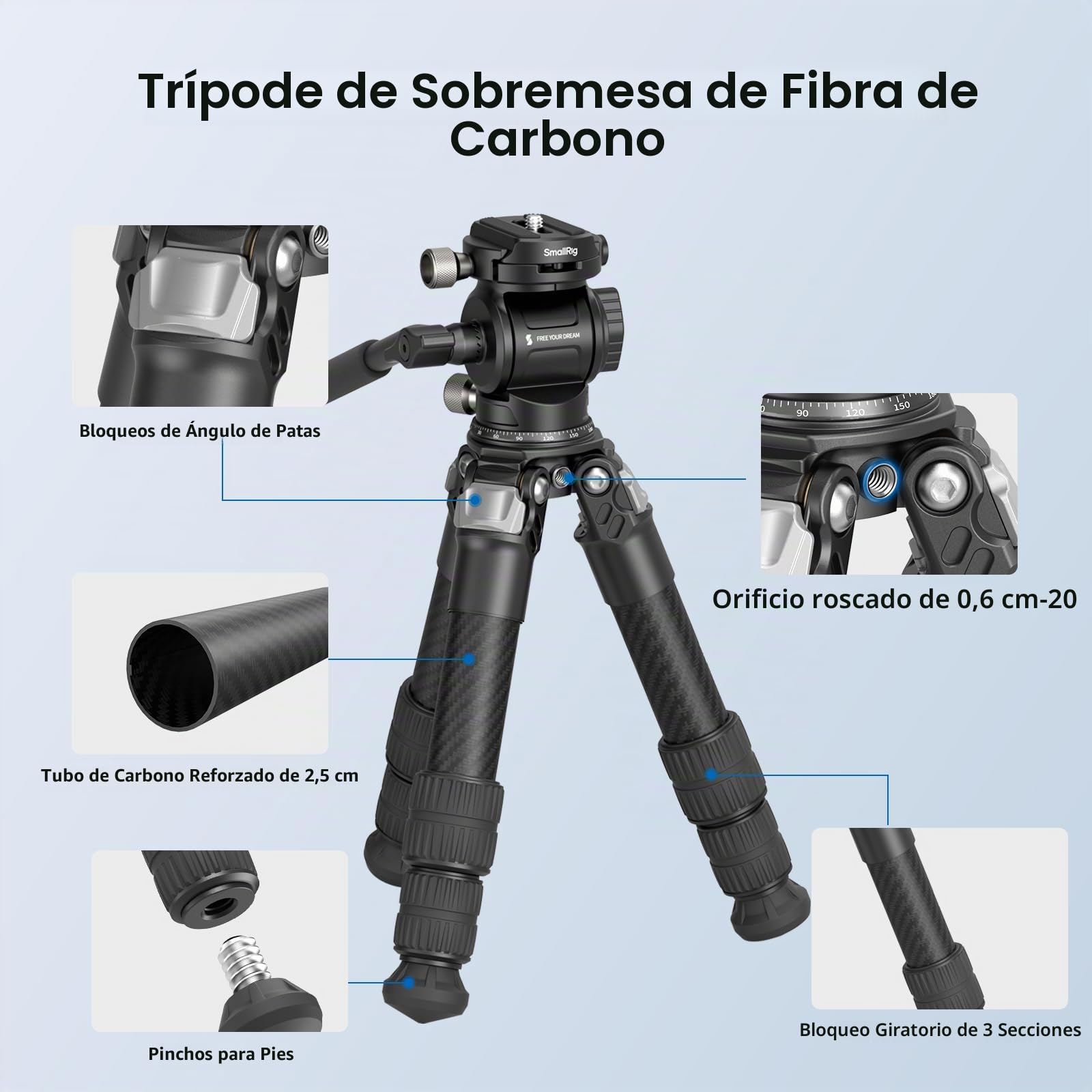 SMALLRIG Kit de Trípode de Mesa Portátil de Fibra de Carbono, Mini Trípode de Escritorio Compacto de 17'' con Cabezal de Video, Alta Capacidad de Carga, Placa QR Incorporada para Arca - 5025
