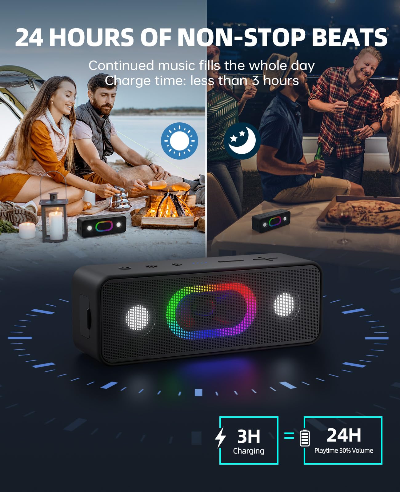 Ortizan Enceinte Bluetooth Puissante, Enceinte Portable Bluetooth 5.3, sans Fil avec Basses Puissantes, 24 Heures, Son Surround à 360 degrés, Appairage TWS, IPX6 AUX Porté de 20 m pour Fêtes Extérieur