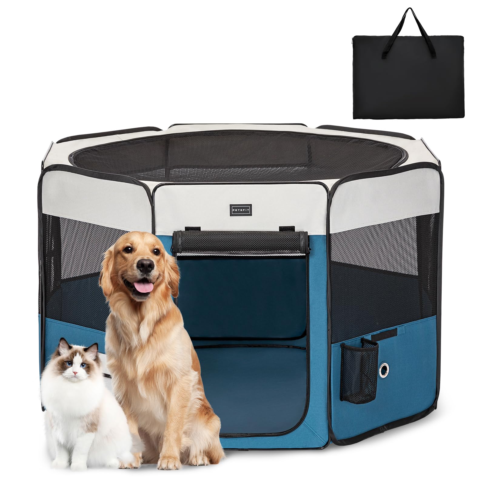 PETSFIT Enclos Pliable pour Petits Animaux, Chiens, Chats, avec Fond étanche, système Pop-up, Design Anti-Mastication, Gris/Bleu, 116 x 106 x 70 cm