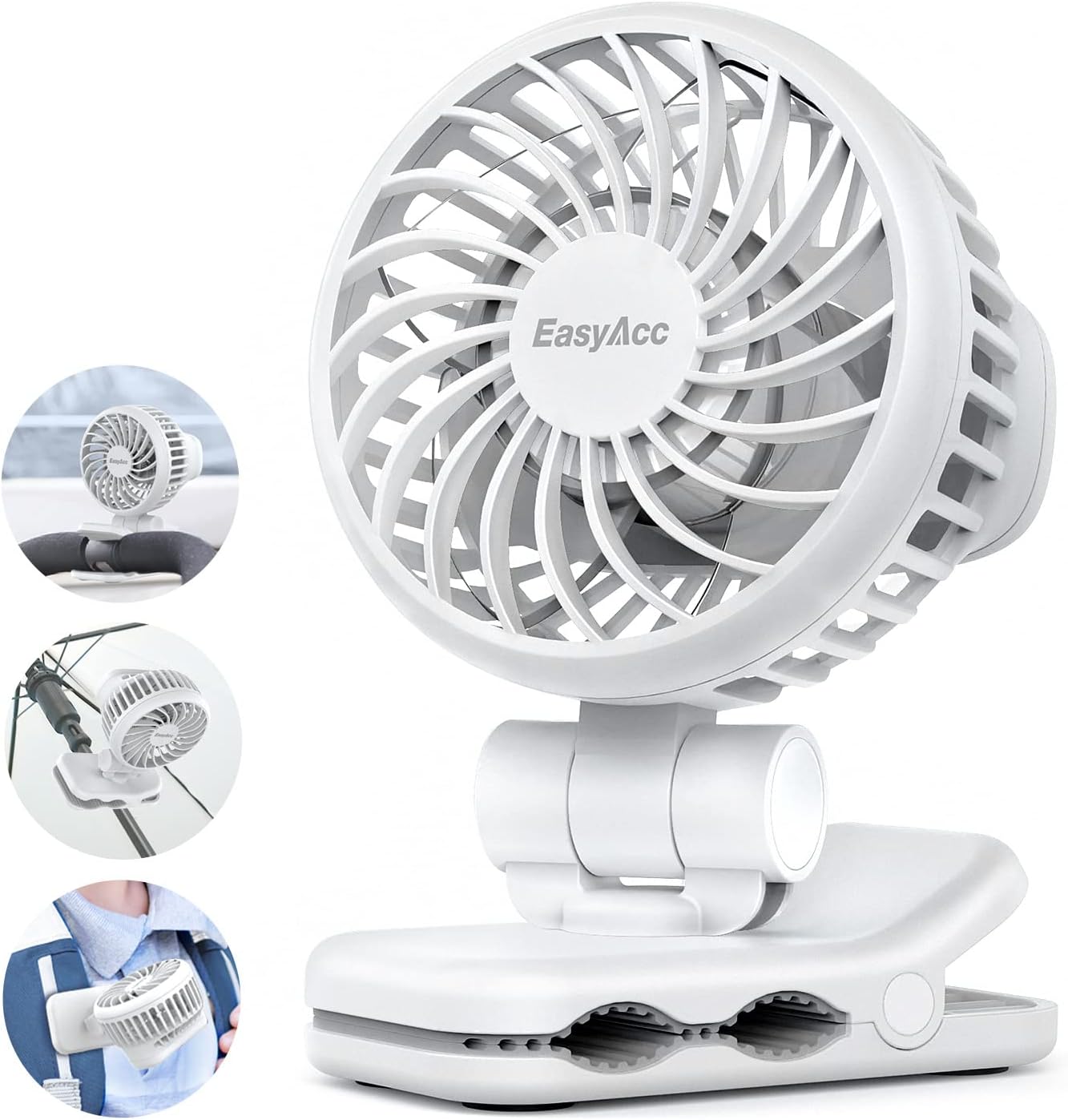 Mini Stroller Fan, EasyAcc Rechargeable Battery Operated Fan Clip on Fan, 540° Rotation Portable Fan with Narrow Gap Grille for Baby Safety, 3 Speeds Personal Desk Fan for Stroller Crib Umbrella White