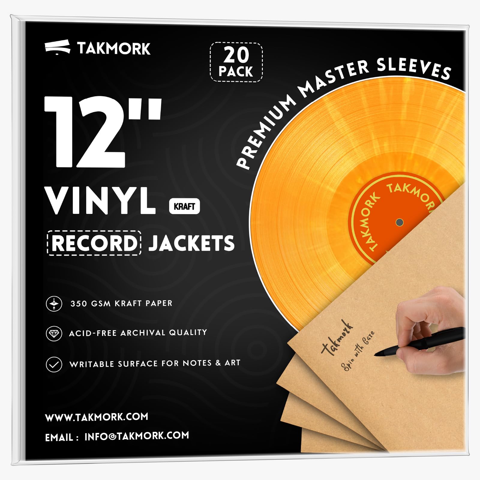 TAKMORK Copertine per dischi in vinile LP da 350 g/m², con dorso da 4 mm, senza foro centrale, per fai da te e conservazione, marrone, 20 pezzi