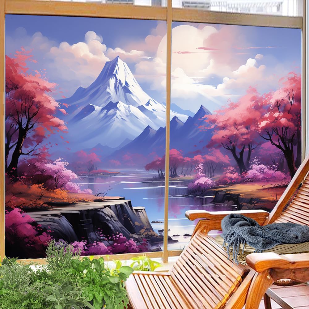 Pellicola per la privacy moderna per finestre con montagna innevata, fiori di ciliegio, paesaggi naturali, senza colla, pellicola statica per finestre per casa, ufficio, negozi, 80 x 120 cm, 2 pezzi