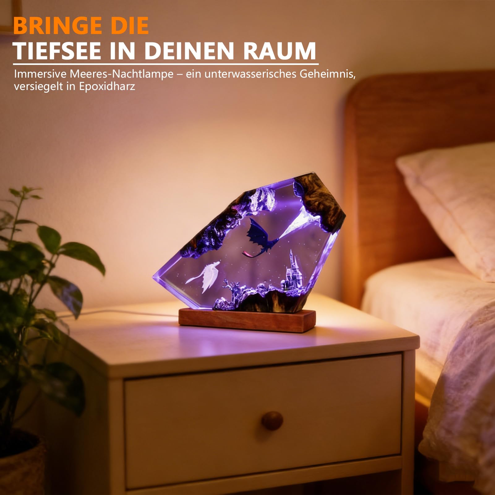 3D Ozean Epoxidharz Nachtlicht,Harz-Ozean-Lampe,Ornamente mit Holzsockel,Dinosaurier, der Feuer speit,Nachttischlampe Schlafzimmerlampe mit USB-Kabel für Meeresliebhaber (Violettes Licht)