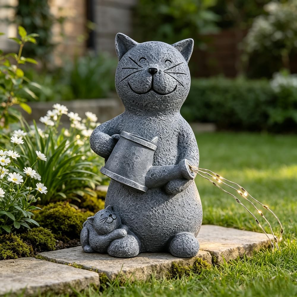 Statue Chat Jardin Résine pour déco Extérieur Lumière LED Automatique Ornement Terrasse 26cm